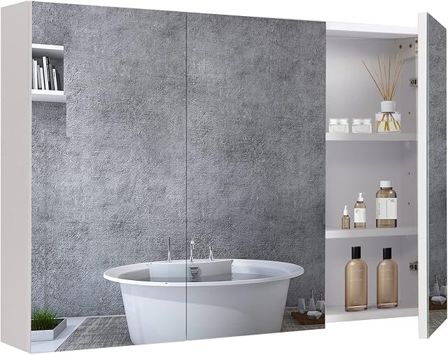 BELIWIN Bathroom Wall-Mounted Mirror Cabinet White, 3-Door Mirrored Storage Cupboard, Adjustable Height Shelves Storage Unit (90 x 60 x 15 cm)