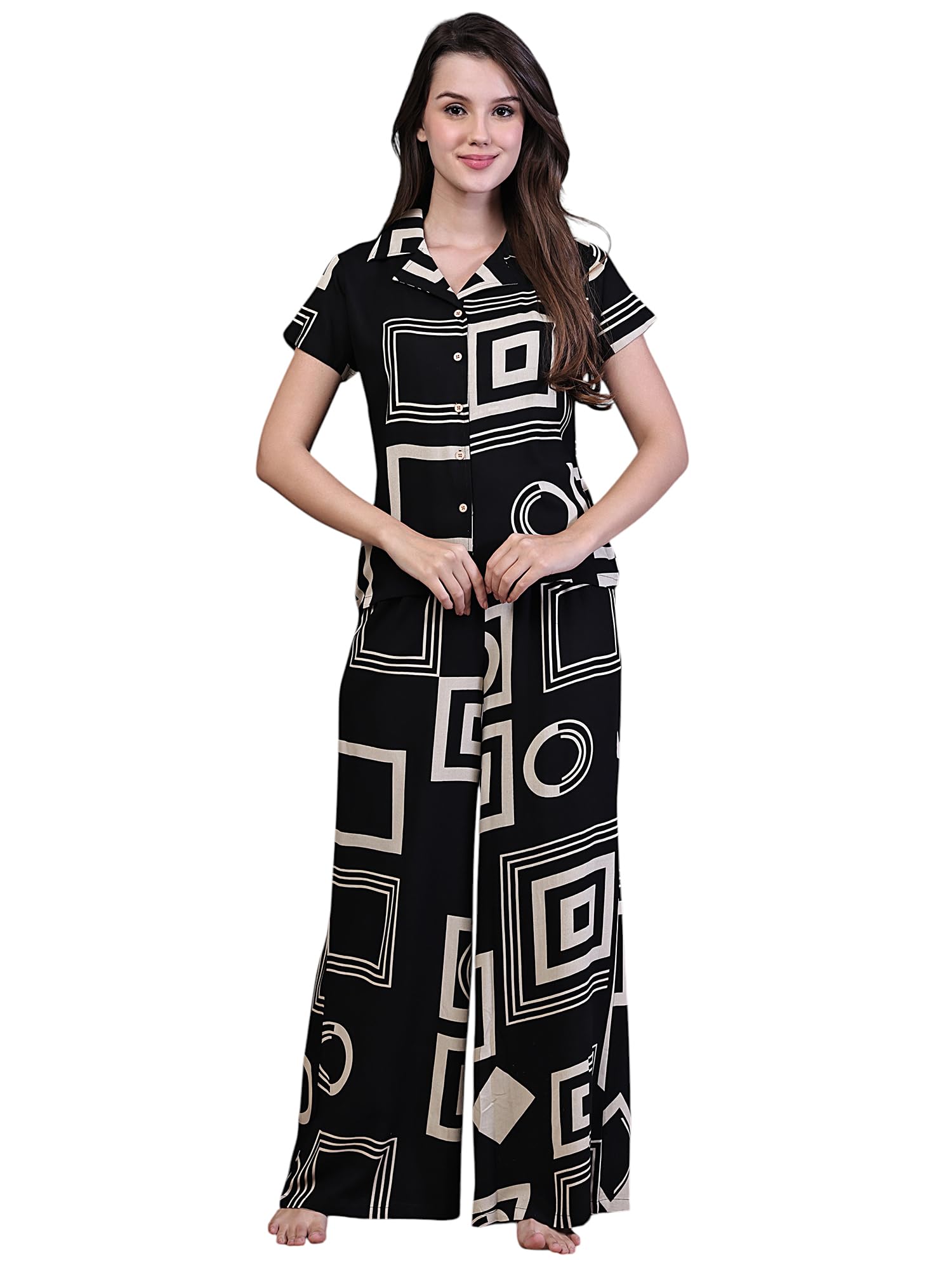 Women's Geometric Print Button-Down Maxi Night Suit, Black and White Short Sleeve Loungewear Dress with Modern Square Pattern-image-49