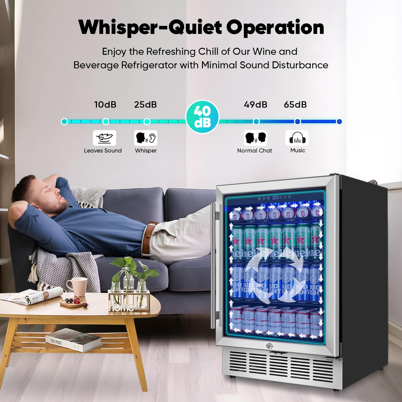 Orymuse 24" Beverage Refrigerator, 180 Can Under Counter Drink Cooler With Glass Door & Lock, Built-In Or Freestanding Mini Fridge With Quiet Compressor Cooling For Beer, Soda & Wine on Fridge.com - View 4