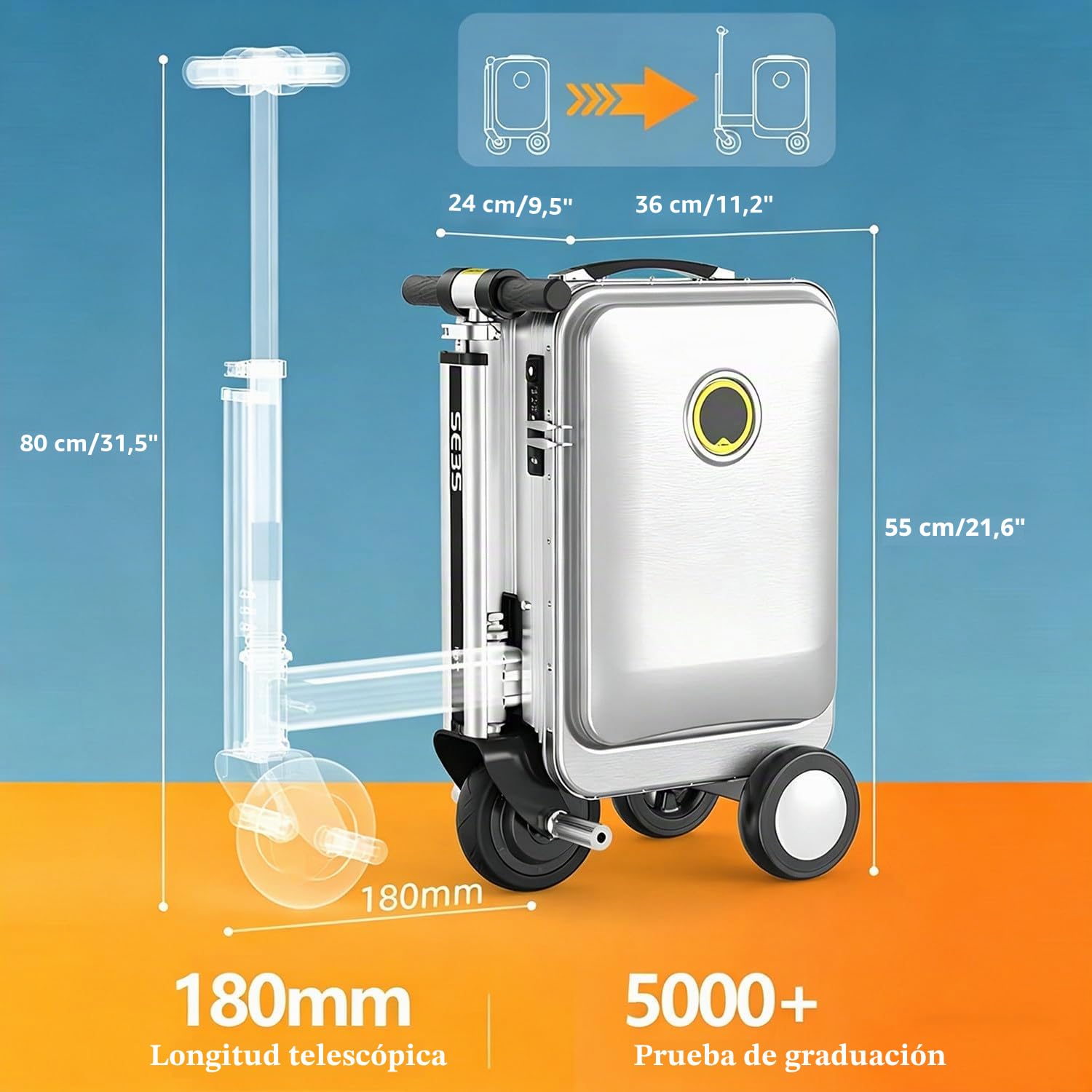 Maleta Inteligente Eléctrica 20'' con Marco de Aleación de Aluminio, Batería Segura 93,6 WH,Cerradura con Contraseña,Puerto de Carga Externo,Diseño Ligero e Impermeable Silver-with2battery