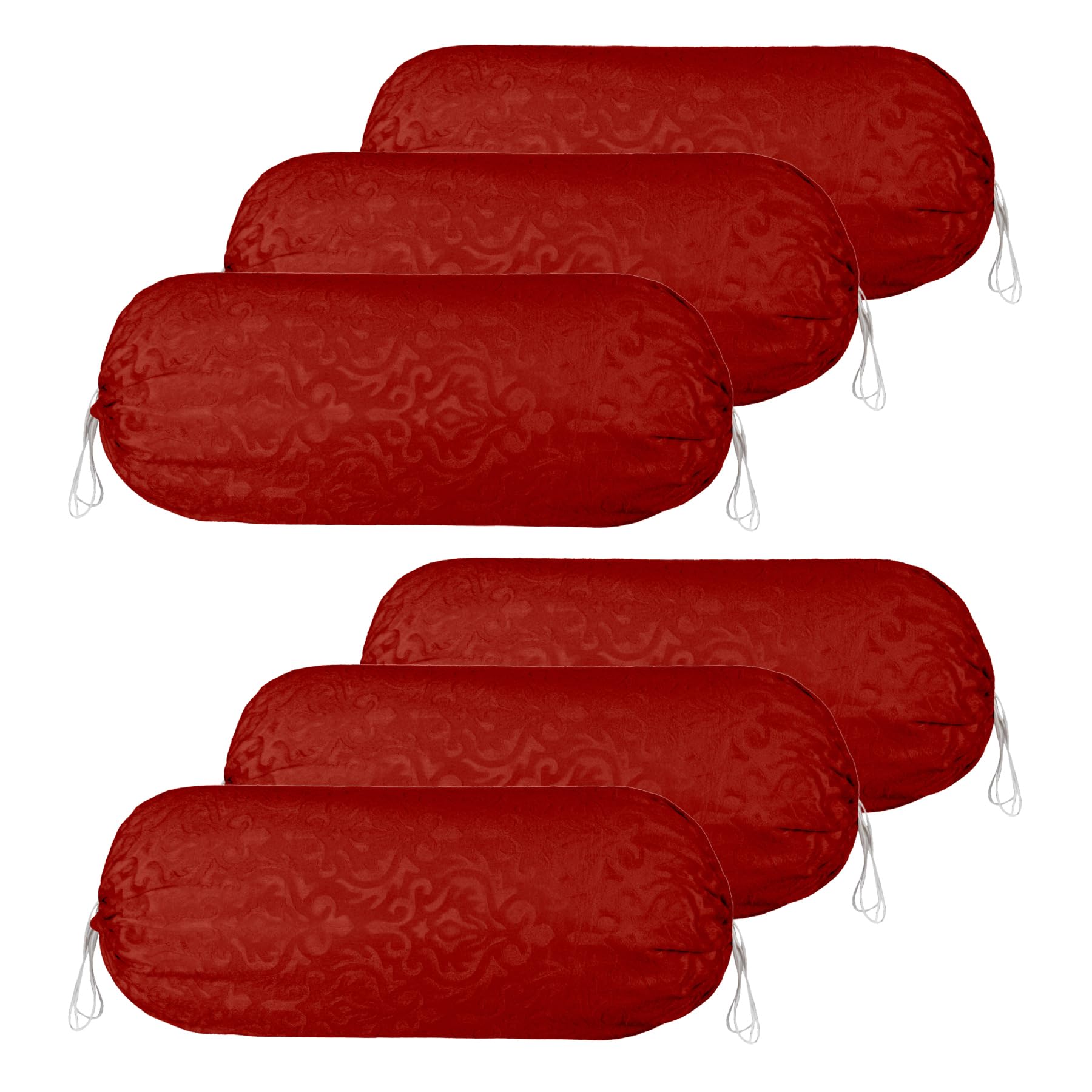 Kuber Industries Pack of 6 Aesthetic Bolster/Side Pillow Cover with Dori for Sofa & Diwan | Washable Cylindrical Takiya & Round Pillow Cover for Home Decoration | Floral Design - Red