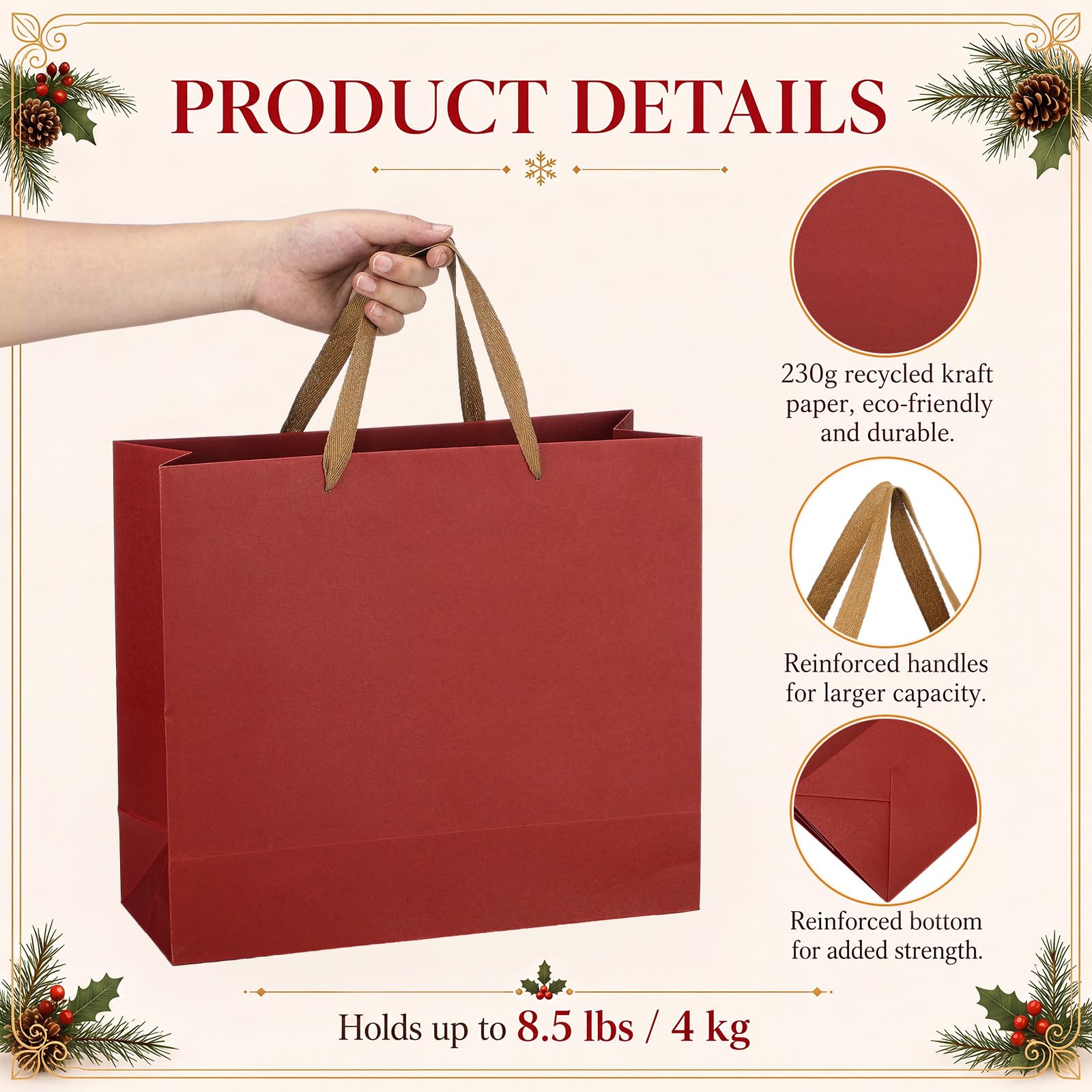 Tenceur Lot de 50 sacs cadeaux de Noël en papier kraft très résistants avec poignées - Sacs cadeaux de Noël réutilisables robustes pour Noël, fêtes, mariages (26 x 21 x 7,9 cm)