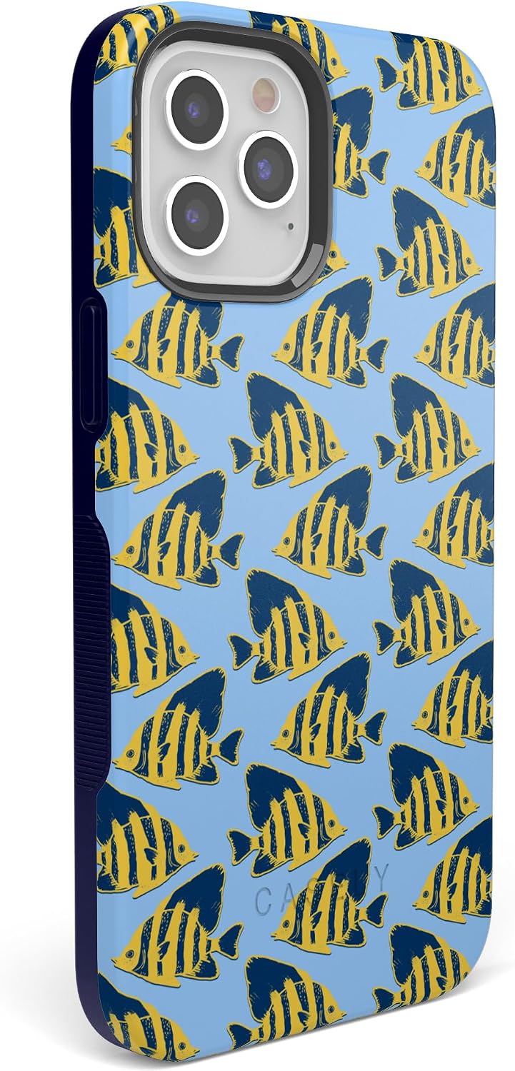 Casely iPhone 11 Pro Case | Something's Fishy | Navy Blue & Yellow Fish Print | Bold Protective Design