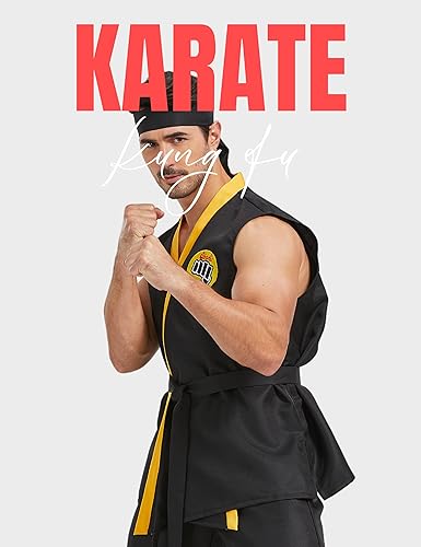 Miniatura 5 de Disfraz de karate para hombre, de lujo, talla grande, conjunto de uniforme de karate Gi de Halloween, con diadema de cinturón negro, unisex, para