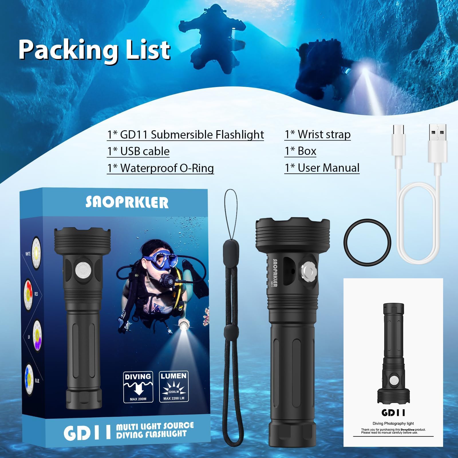 SAOPRKLER GD11 - Luz de buceo de 2200 lm, linterna de buceo subacuática impermeable de 200 m con modos rojo/azul/UV, linterna de buceo con base magnética para pesca submarina y buceo nocturno