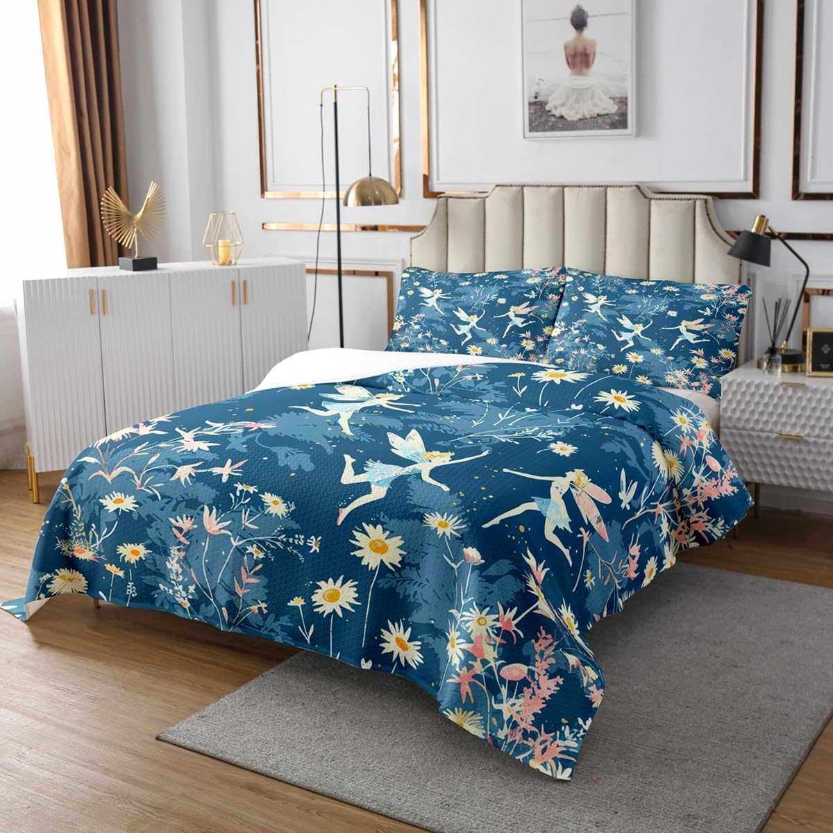 Homewish Butterfly Fairy Bedspread King Size,Daisy Flower Bedding Sets 3Pcs for Kids Girls Boys Teens Room Decor,Dreamy Fairy Tales Comforter Set Dark Blue Soft Coverlet Quilt,2 Pillowcases