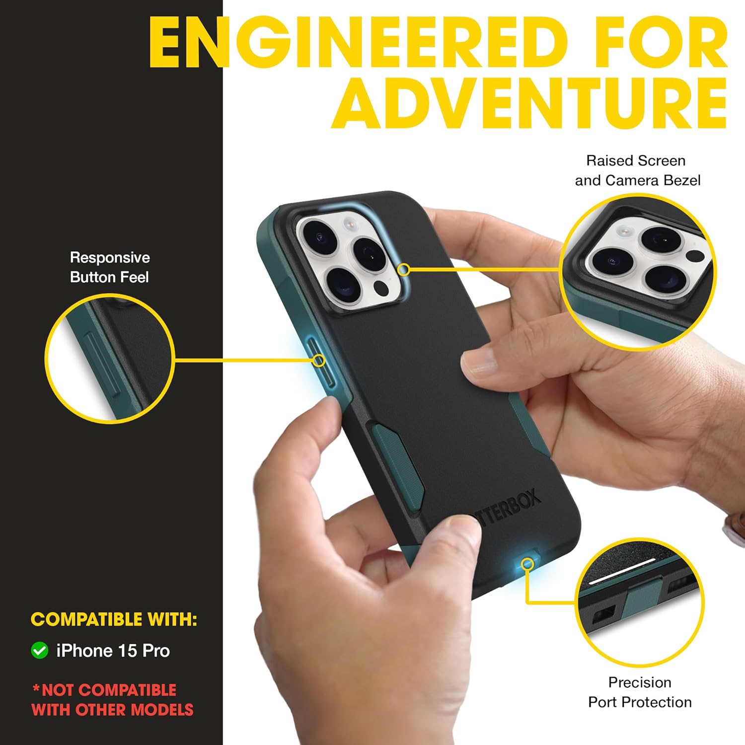 OtterBox iPhone 15 PRO (Only) – Commuter Series Case – Thin, Dual-Layer, Pocket-Friendly, Port Cover – Black/Green