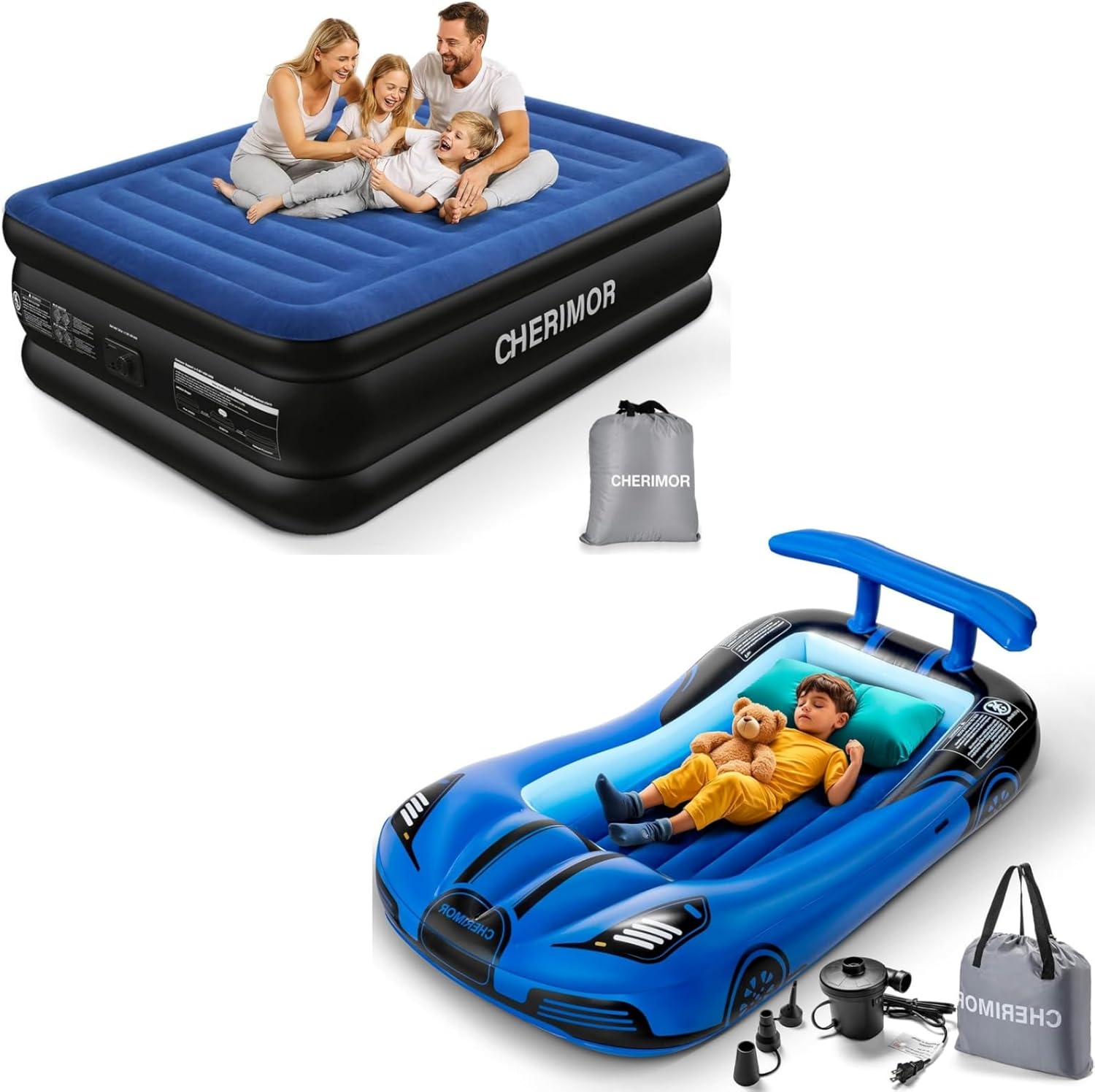 Queen Air Mattress with Built in Pump Multi-Layer Leakproof Blue and Inflatable Toddler Travel Bed Blue