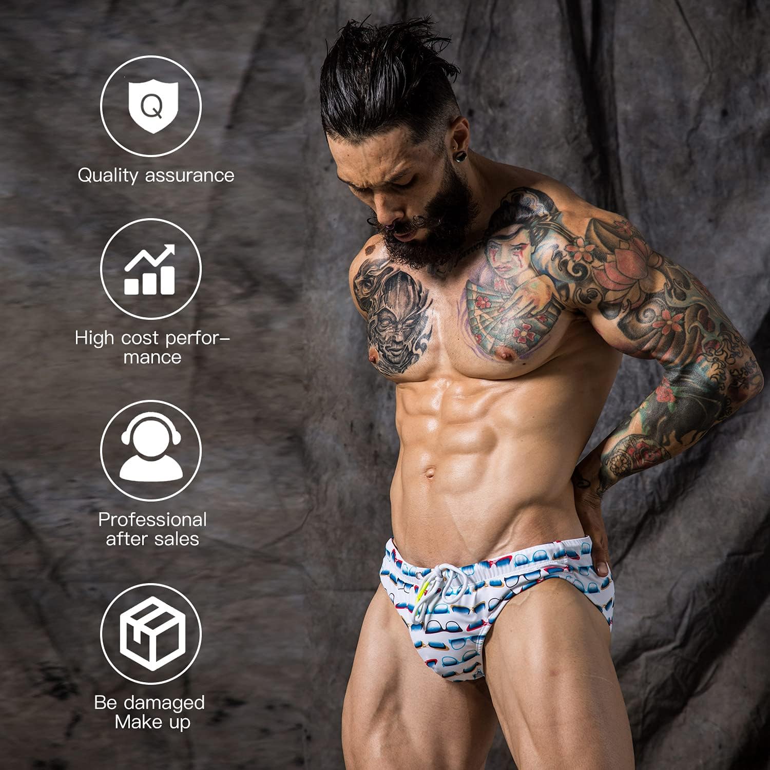 F plus R Men's Low Rise Swimwear Briefs Print Bikini Swimsuit Adjustable Drawstring Removable Pad - Image 4