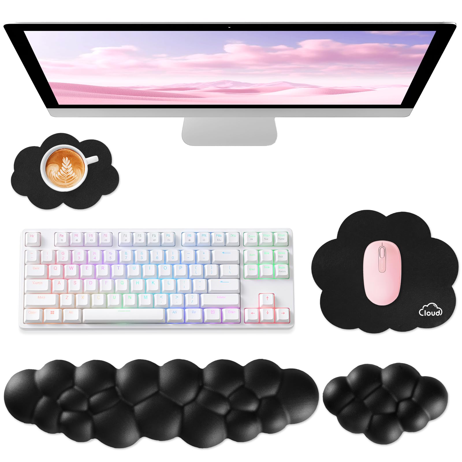 Sushret Cloud Wrist Rest for Computer Keyboard, 4-in-1 Memory Foam Leather Cloud Keyboard Wrist Rest and Mouse Pad Set with Ergonomic Support for Arm