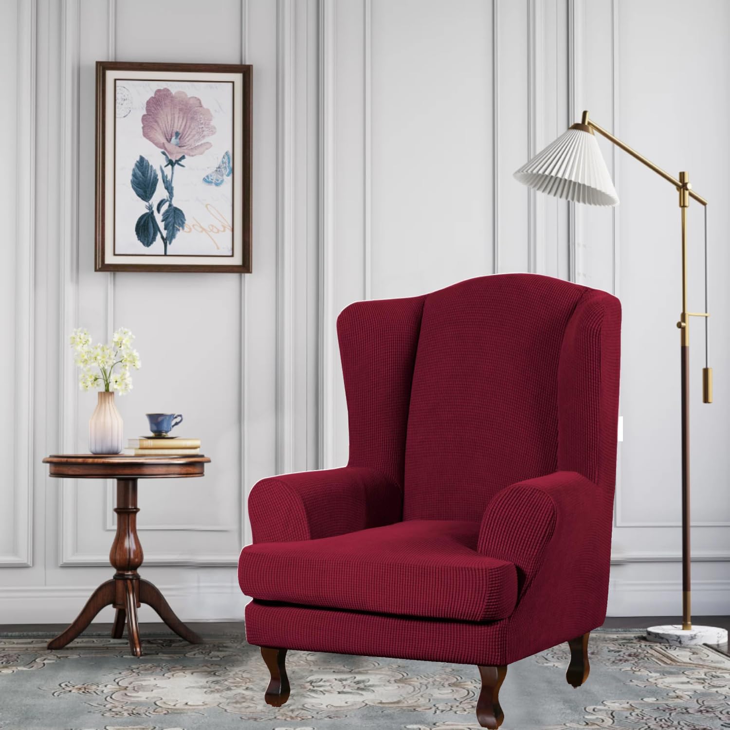 INFLAG Wing Back Chair Slipcovers, Stretch Spandex Wingback Chair Covers Sofa Slipcover Washable Chair Covers Armchair for Living Room and Bedroom (Burgundy)