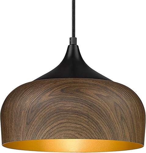 ELYONA Lámpara colgante moderna de madera de nogal con patrón de cúpula colgante de metal negro mate, acabado interior dorado, iluminación colgante