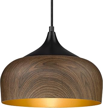 ELYONA Modern Bauhaus Pendant Light Walnut Wooden Pattern Dome Pendant Light Fixture Matte Black Metal Gold Inner Adjustable Hanging Lighting for Kitchen Island Dining Room Office Hallway Bedroom