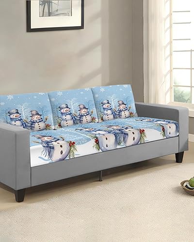 Miniatura 2 de Blue Snowman Christmas Couch Cushion Covers, Stretch Sofa Cover with Elastic Bottom, Snowflake Winter Xmas Tree Sofa Slipcovers Protector Washable