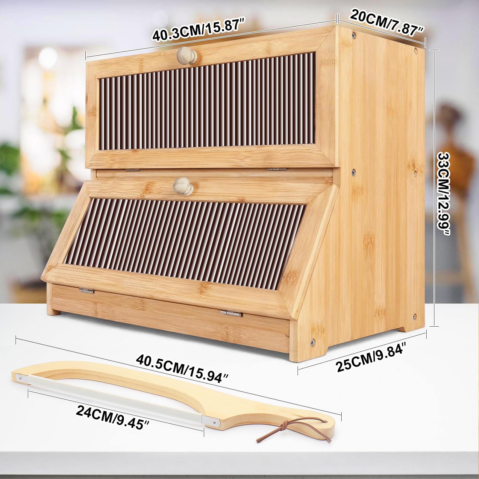 Porta Pane In Bambù A Doppio Strato – Contenitore Con Finestra In Vetro Satinato – 40x25x33 Cm