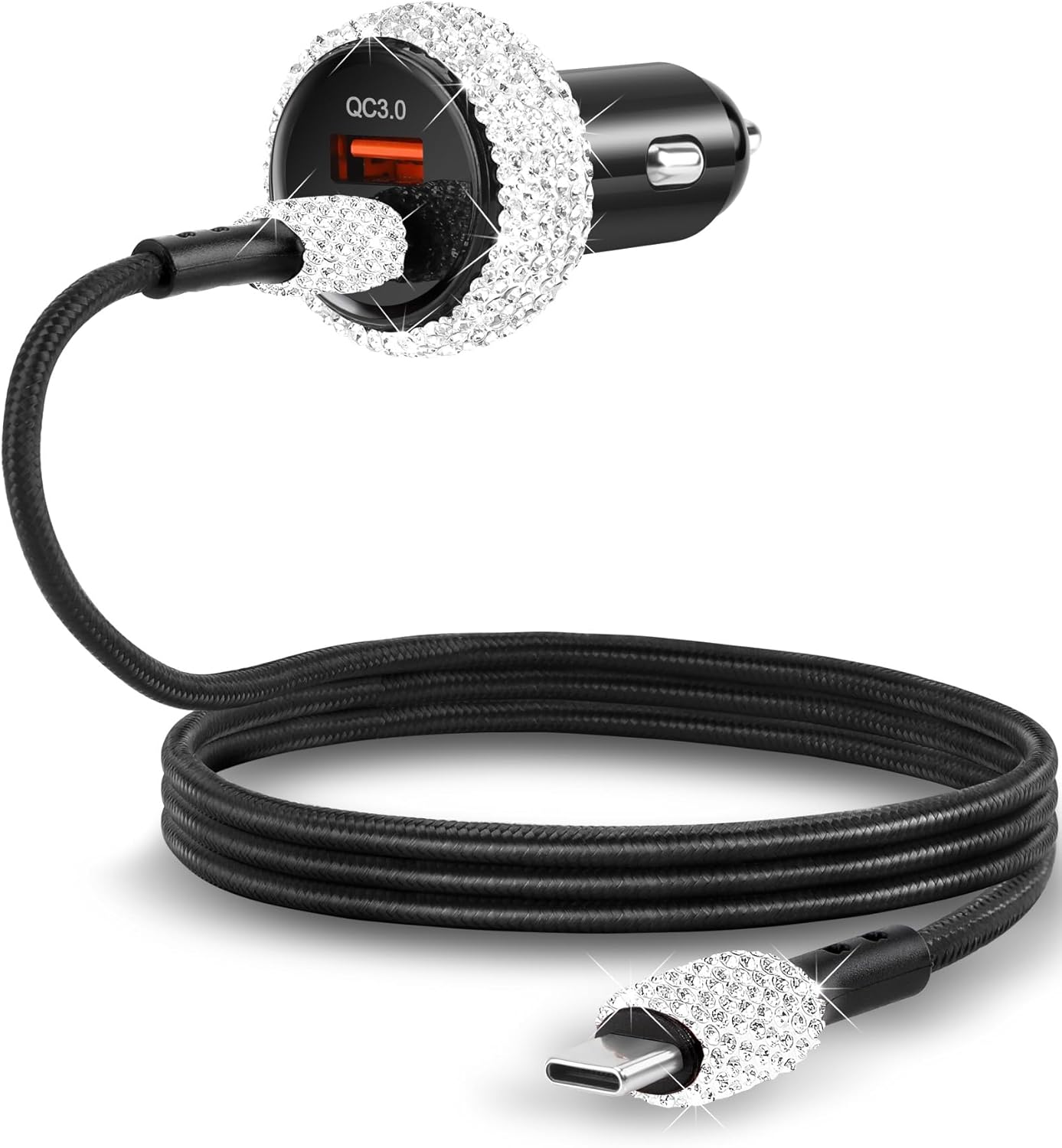 Bling USB C Car Charger, 48W USB Cigarette Lighter Dual Port Fast Charging Adapter with 3.9FT Type C Cable Compatible for iPhone 17 16 15 Pro Max iPad Android(White)