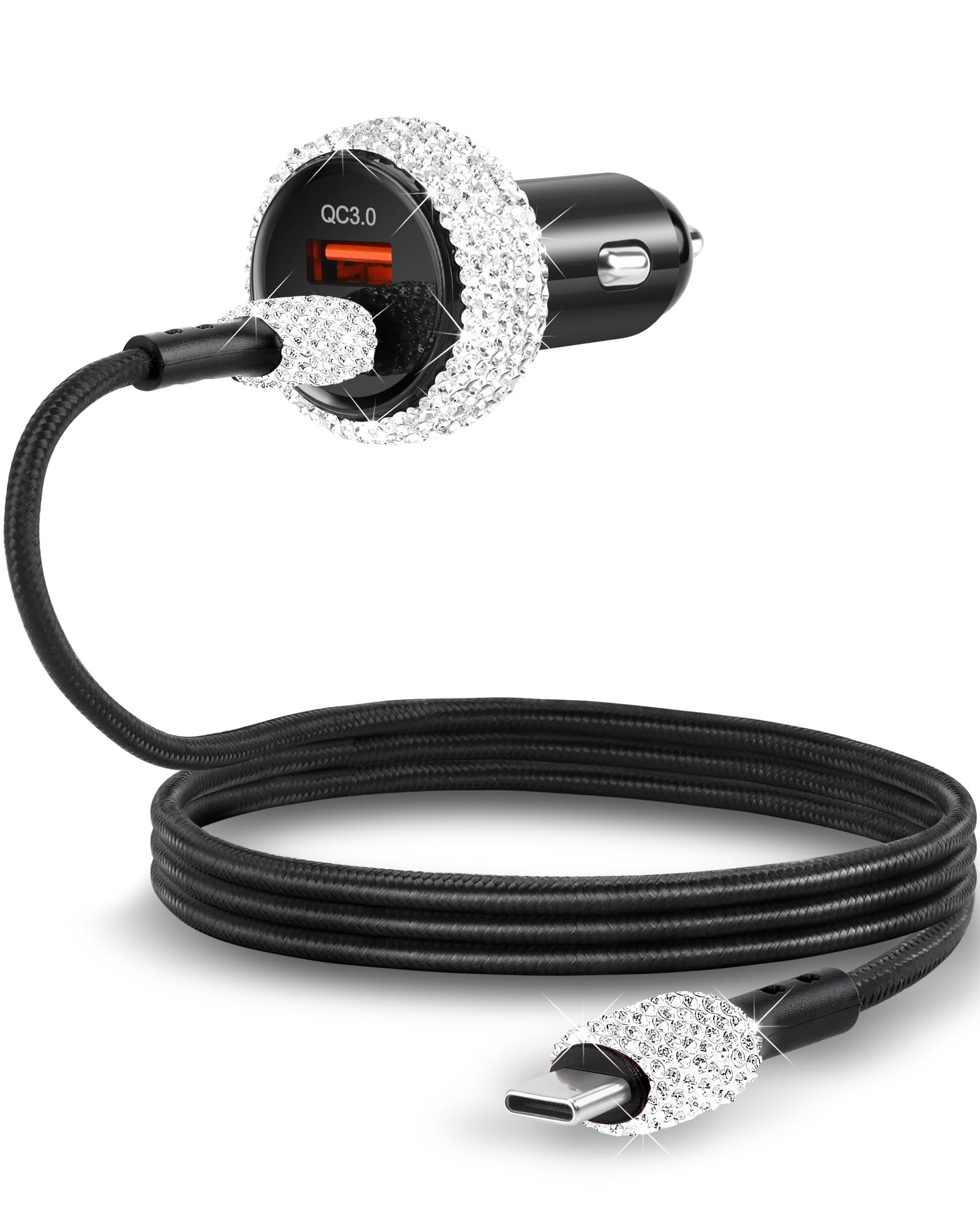 3 caricabatterie da auto Bling USB C, 48 W PD + QC, adattatore di ricarica rapida a doppia porta con cavo di ricarica USB di tipo C da 1,9 m, compatibile con iPhone 16, 15 Pro Max, iPad, Samsung