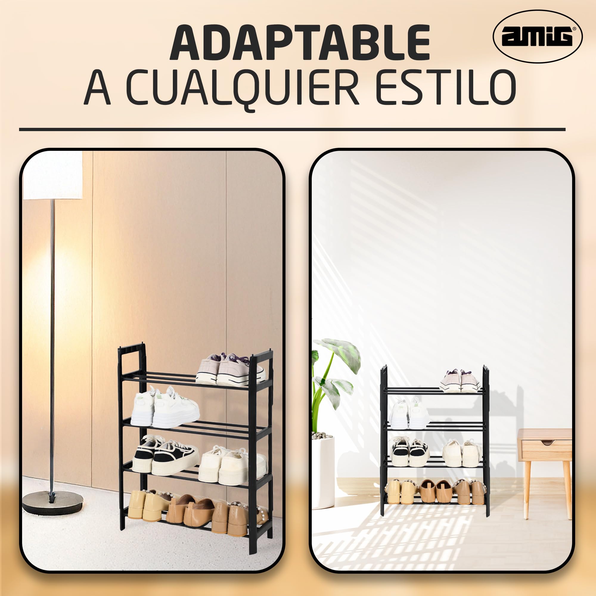 Amig 4-poziomowy regał na buty Zikan | 50 x 19 x 64,5 cm | metal i tworzywo sztuczne | czarny | modułowy stojak na buty i możliwość układania w stos, organizer na 12 par butów