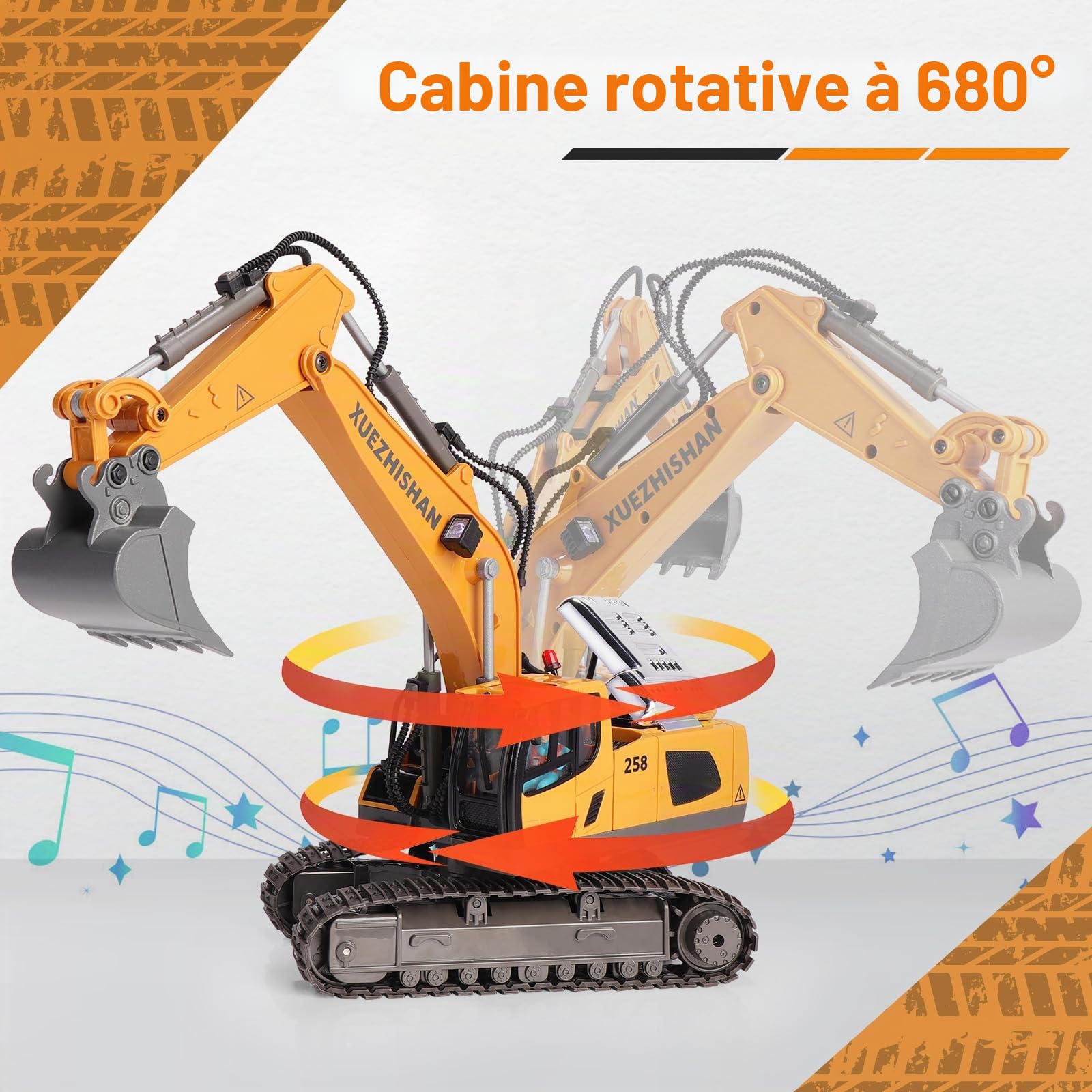 Excavatrice télécommandée jouet RC 2,4 GHz, 11 canaux, télécommande avec pelle en alliage de fer, 2 piles avec lumière et musique