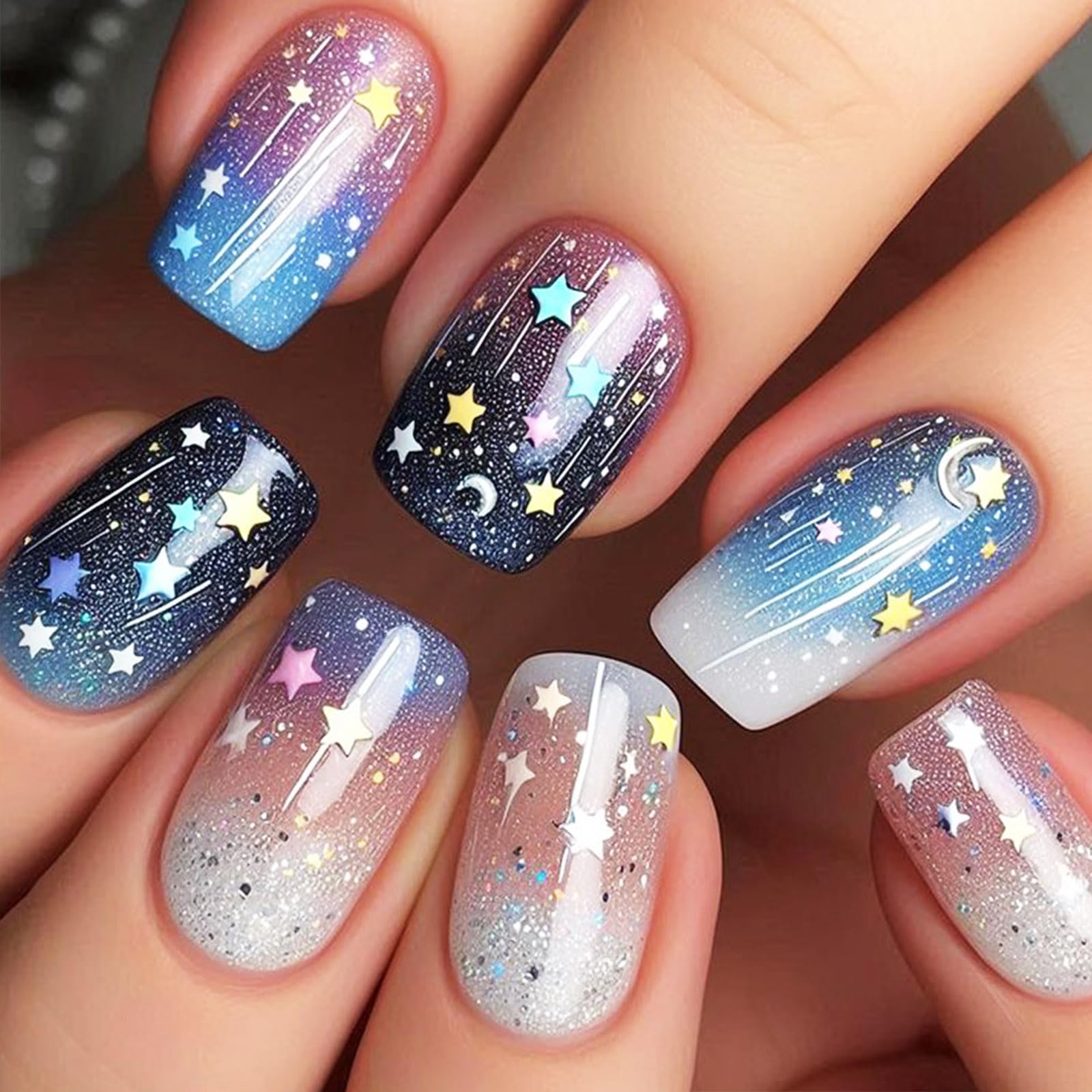 Moon Star Press on Nails Stars Sky Gel Glue on Nail 24Pcs Meteor Acrylic Medium Square Fake Nail Glossy Purple Gradient False Nails Milky Way Stick on