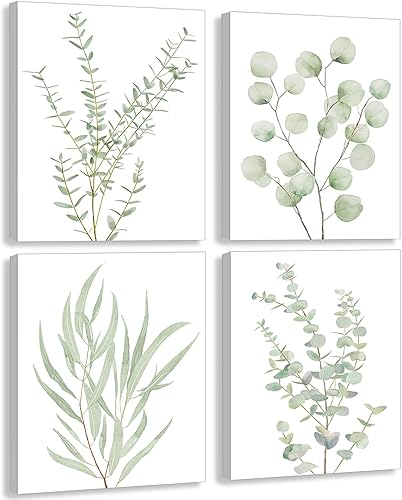 Erctoo Botanical Plant Canvas Wall Art, Framed Boho Wall Decor for Bathroom, Minimalist Aesthetic Bedroom Wall Art, Sage Green Eucalyptus Leaf