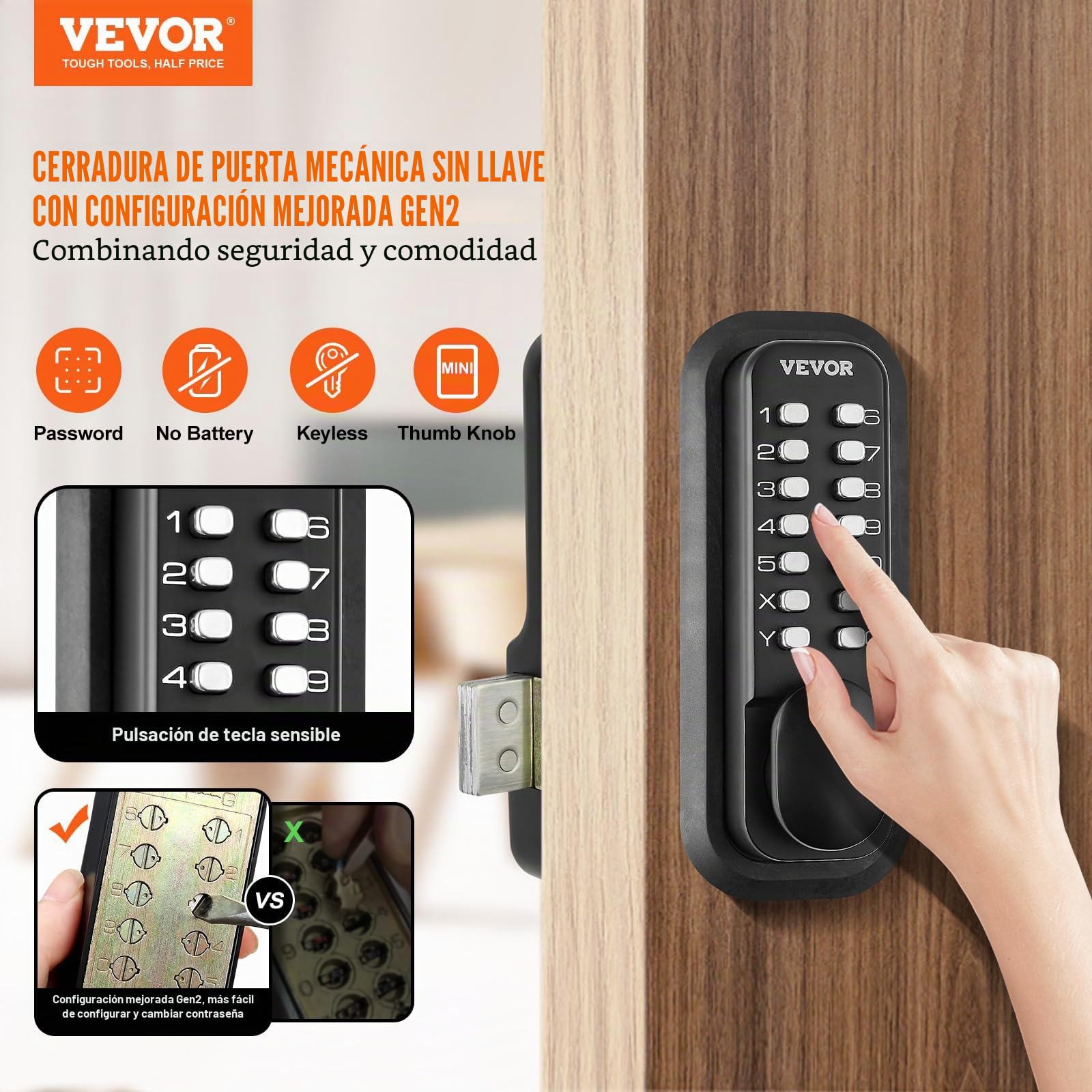 VEVOR Cerradura de Puerta Mecánica sin Llave Teclado de 14 Teclas Cerradura de Código Manija de Puerta de Entrada Exterior de Aleación de Zinc Fácil Instalación para Puertas Espesor de 35-65 mm