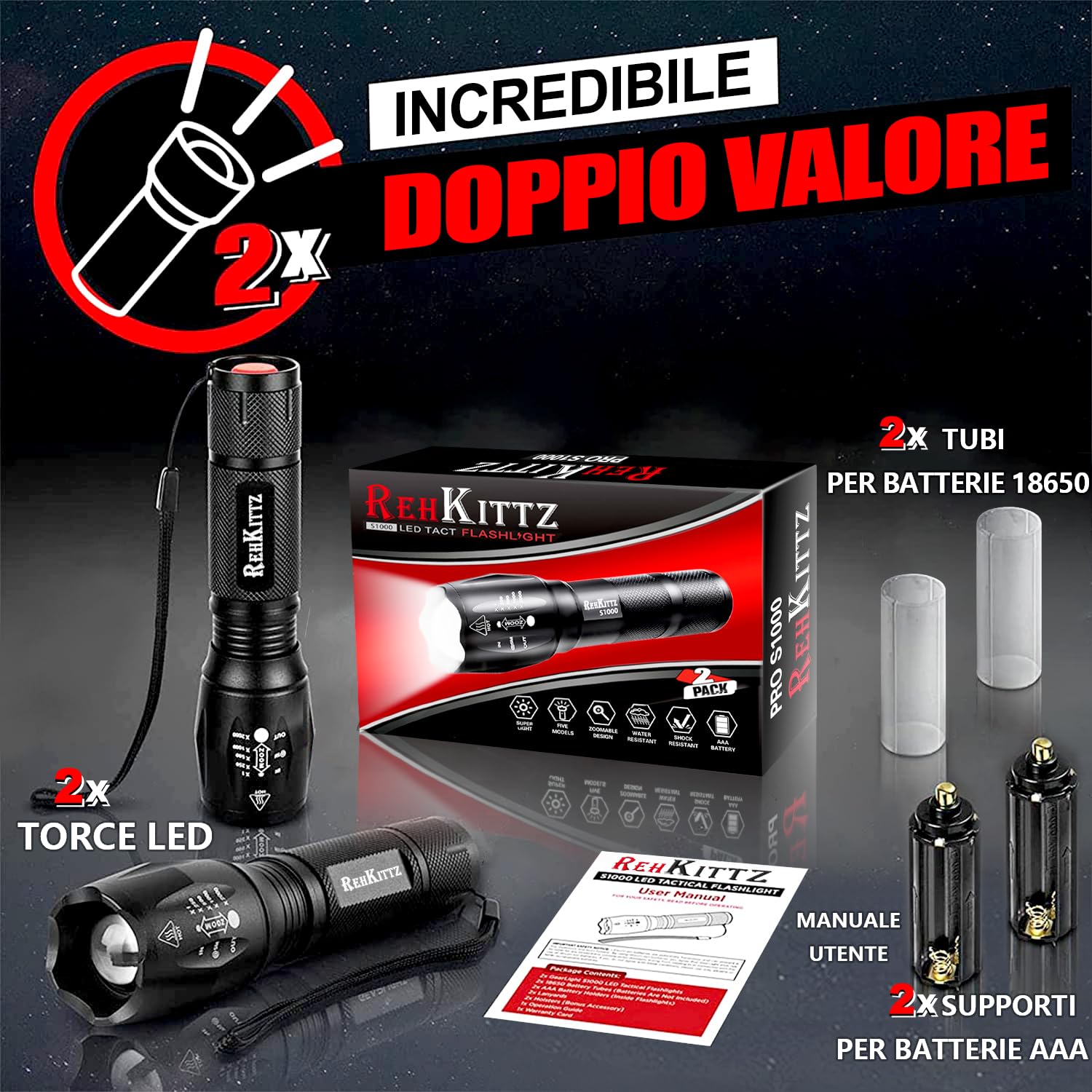 REHKITTZ Torcia Super Luminosa Portatile LED (Confezione da 2), 2000 Lumen Torcia Elettrica, Zoomabile,Formato Tascabile,Impermeabile IP44 e 5 Modalità Di Illuminazione