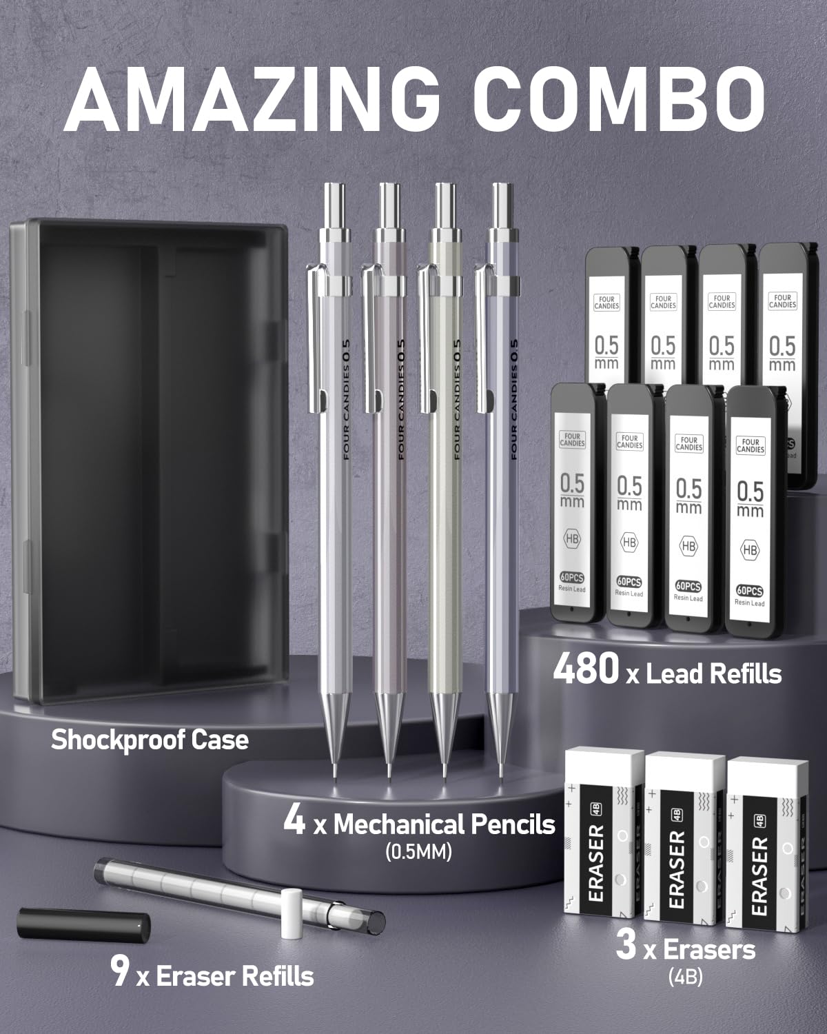 Four Candies Metall-Druckbleistift-Set – 3x 0,5 Mm Bleistifte, 360 HB-Minen, Radiergummis & Aufbewahrungsbox