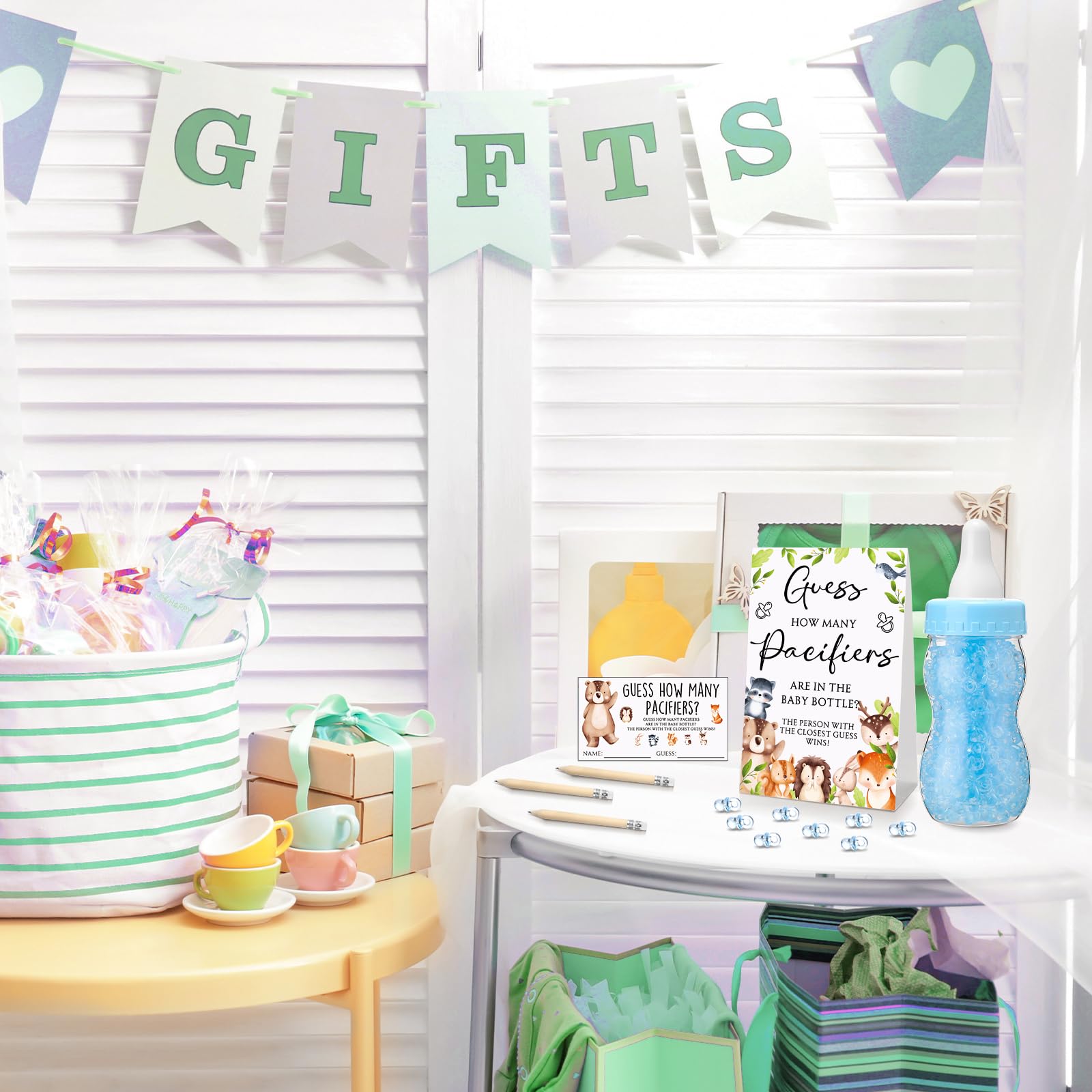 Roowest Babyparty-Spiele, "Guess How Many Pacifiers", Schild, 100 kleine Ratespiele, 10 HB-Bleistifte, 750 ml, Milchflasche, 400 Acryl-Schnuller, Dekoration für Gäste, Geschlecht enthüllt (hell, Wald)