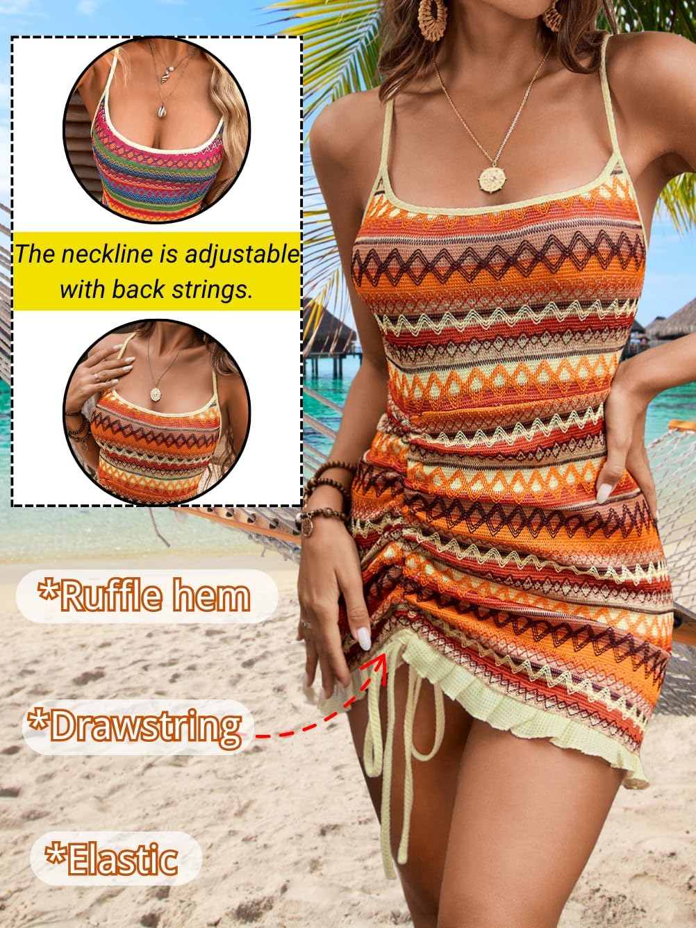 Boho Crochet Striped Swimsuit Coverup, Square Neck Low-Back Bodycon, Drawstring Ruffle Mini Dresses for Women - Image 4