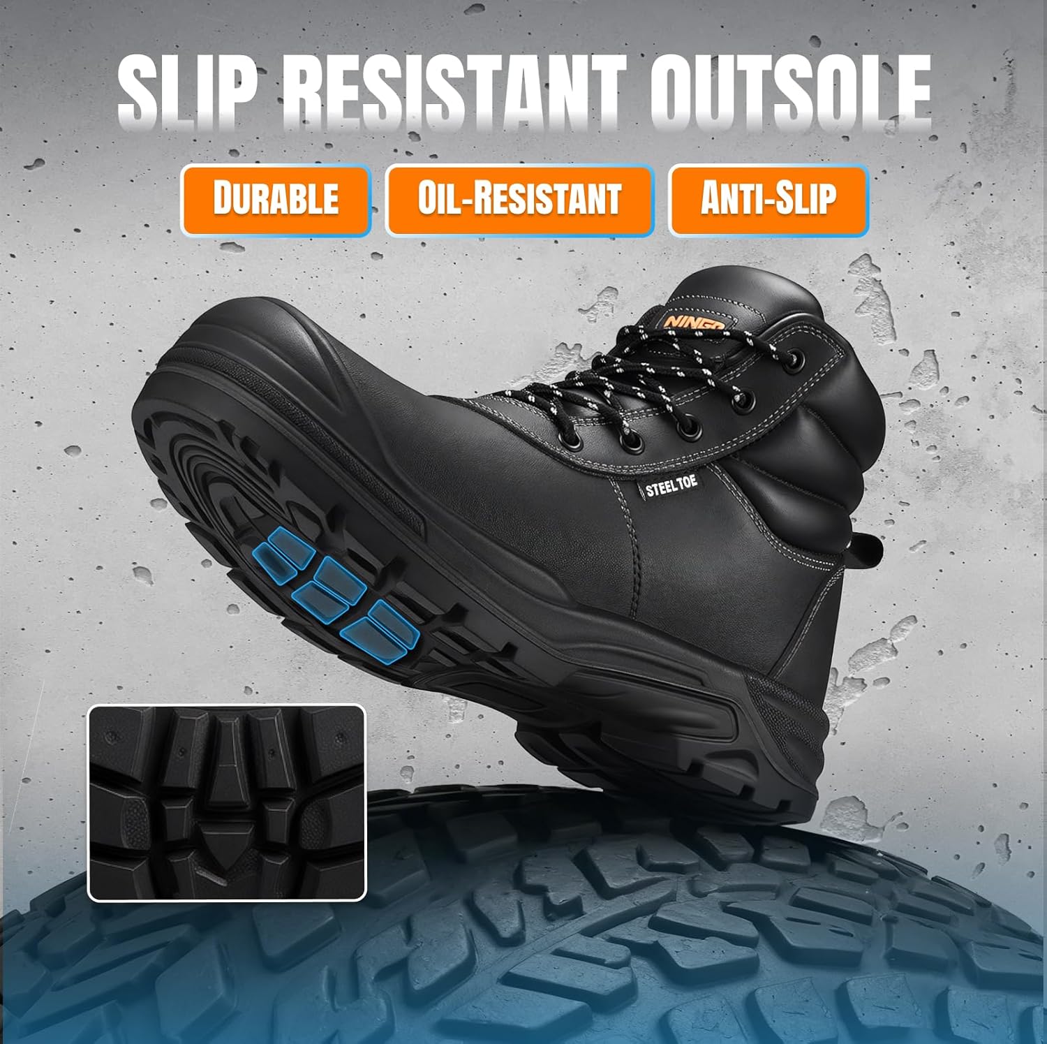 NINGO Steel Toe Work Boots for Men, Non Slip & Puncture Resistant Construction Boots with Breathable Lining, EH Protection, Comfortable Mens Safety Leather Work Shoes for Industrial, Walking Warehouse - Image 6