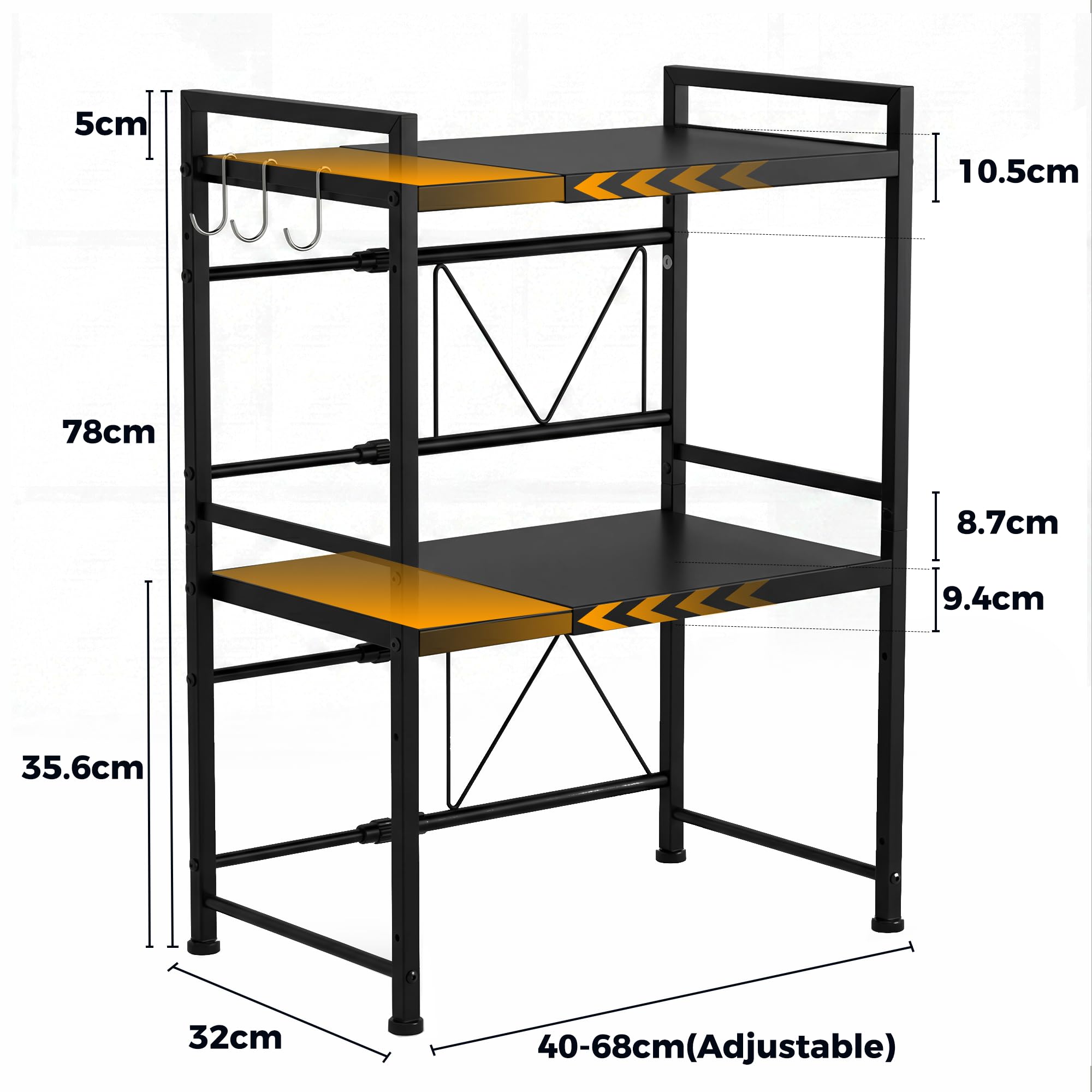 Supporto da forno a microonde estensibile, organizer da cucina a 2 livelli con 3 ganci, ripiano in acciaio al carbonio, capacità di peso di 55 LB, nero (2 livelli)