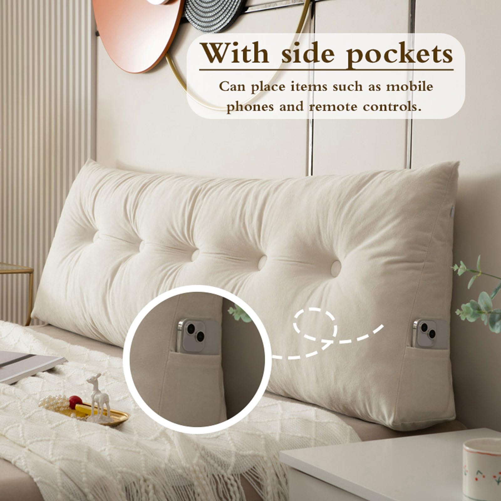 Keilkissen Bett Großes Rückenkissen,Bett Kopfteil Bequemes Lesekissen,Hoches Dickes Rückenkissen,mit praktischem Seitenfach,für Bett und Sofa 2 in 1 Rückenlehne und Kopfkissen