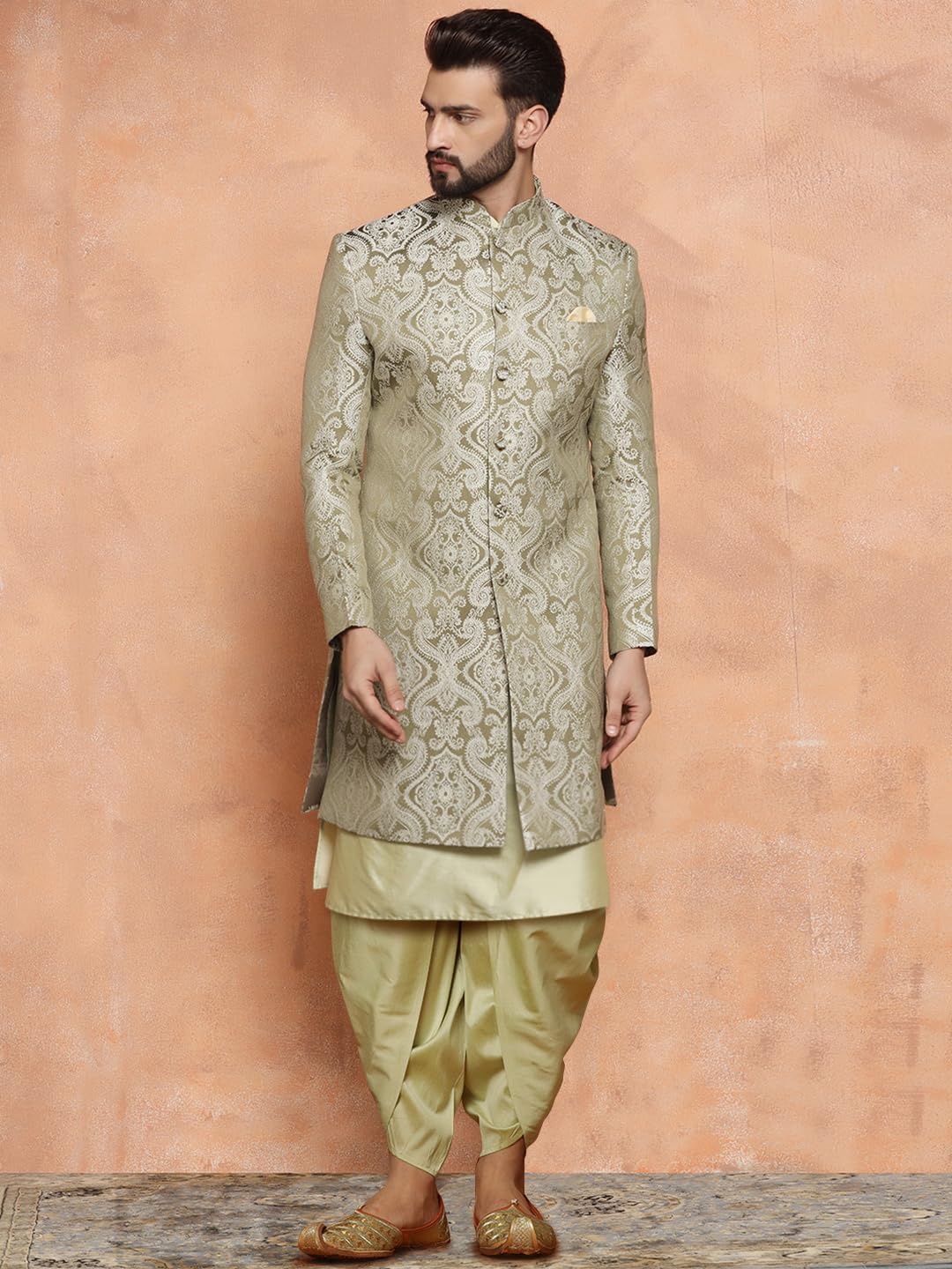 Kisah Mens Kurta Sherwani Dhoti Set Silk Blend Jacquard, Indo-Western Ethnic Wear For Men, Green, 40