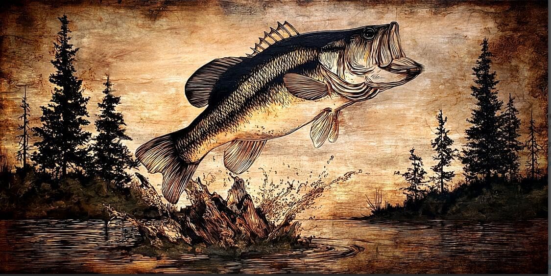 OuElegent Rustic Bass Fishing Wall Art Jumping Fishing Fish Artwork Lake House Decor Rustic Cabin Lodge Wall Decor for Man Cave 20''x40''