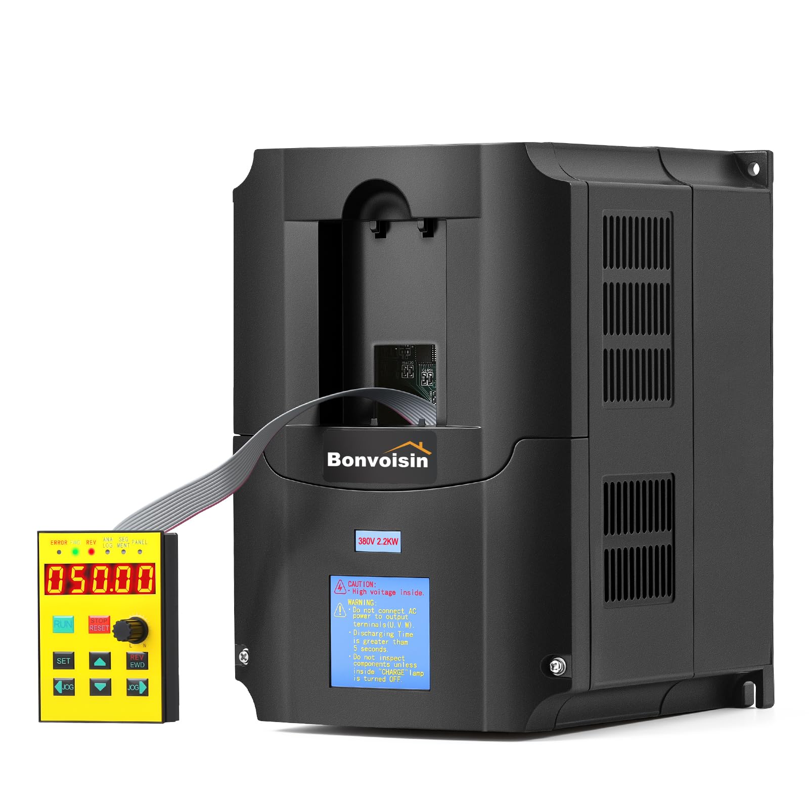 Bonvoisin Variador de Frecuencia Trifasico, 380V 2,2kW, Entrada Trifásica | VFD, 3HP, Regulador de Velocidad, Control Vectorial para Motor de Husillo CNC y Motores Industriales, Cable de Panel 100cm
