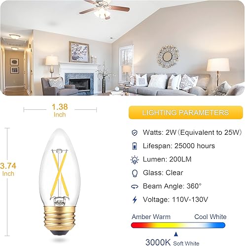 Miniatura 3 de Bombillas LED B11 E26 para candelabros equivalentes a 25 W, bombillas LED regulables, blanco suave 3000 K, 2 W 200 LM, bombilla decorativa de