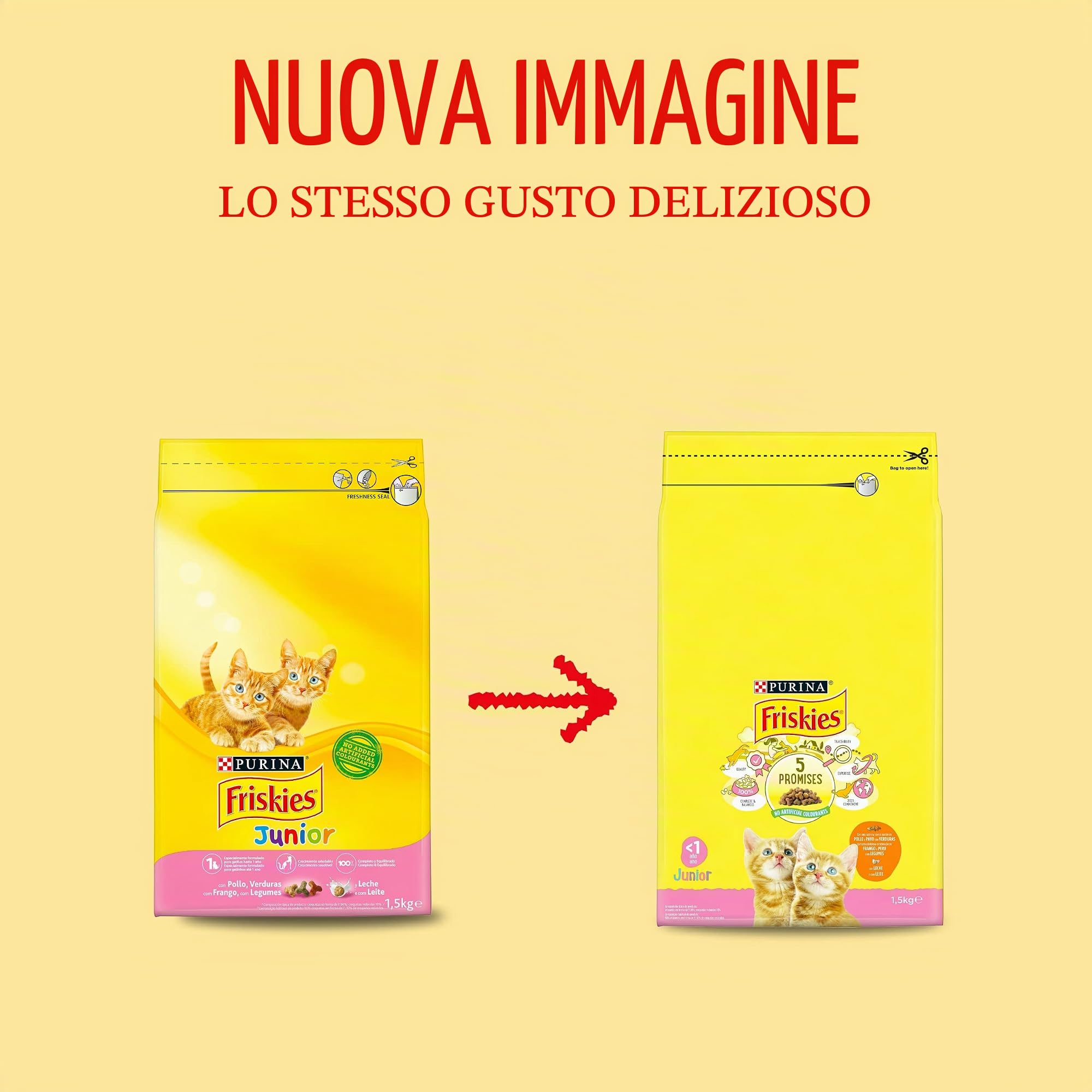 Purina Friskies Mangime per gattino, Junior, Bambino, fino a 1 anno con Pollo, Tacchino e Verdure, 6 sacchetti da 1,5 kg