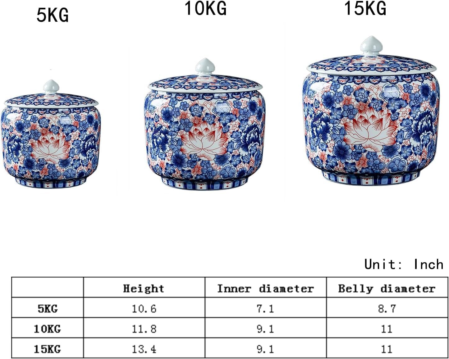 ELEFOCUS Household Rice Barrel Kitchen Flour Bucket Antique Food Storage Bottle Porcelain Bottle Rice Cylinder With Lid 10kg(C,Capacity 15kg)