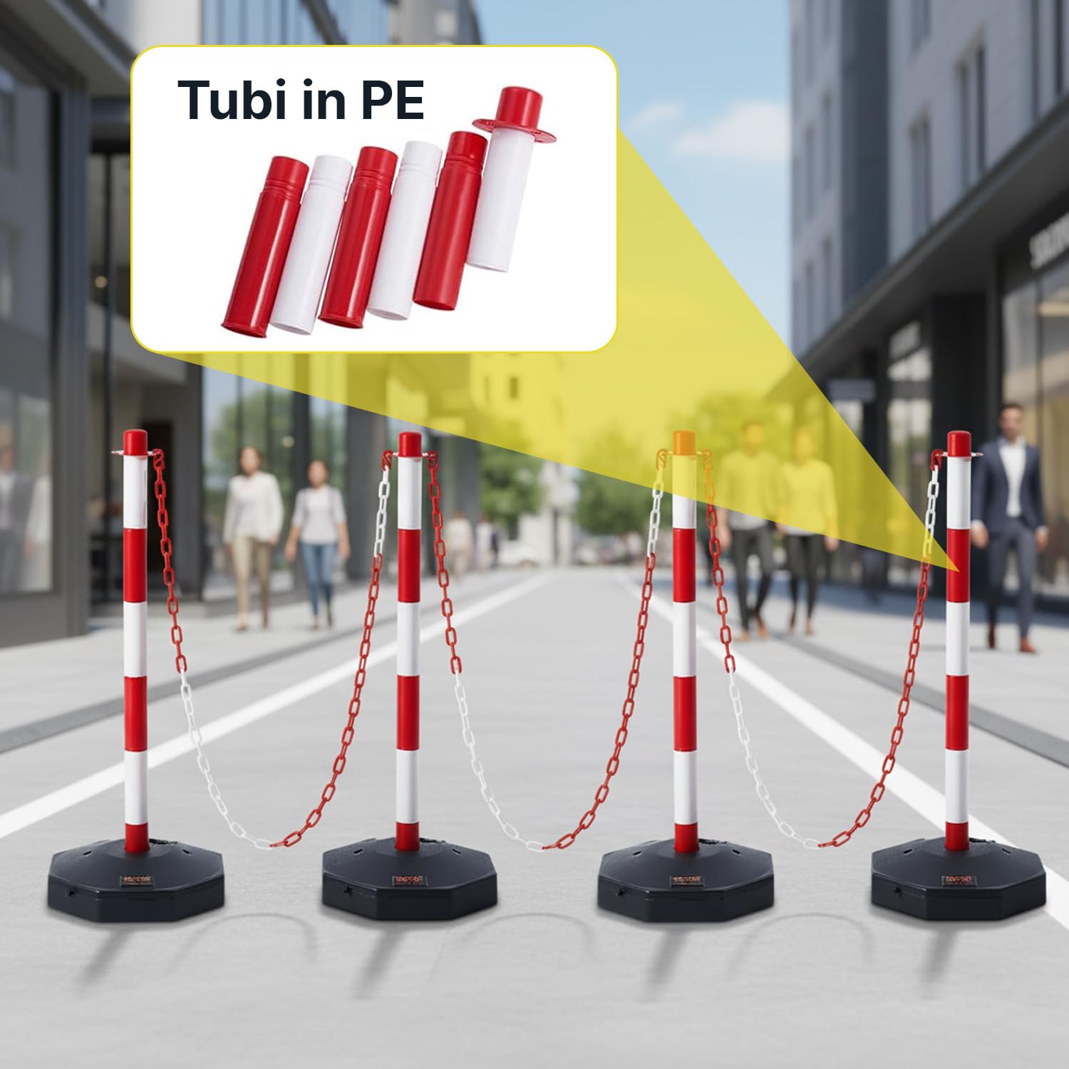 Paletti Delimitazione Set 4 con Catena 2 Metri e Base Zavorrabile 3L – Dissuasore Parcheggio PE Alta Visibilità, Paletti Parcheggio Privato, Paletti per Recinzione Interno Esterno