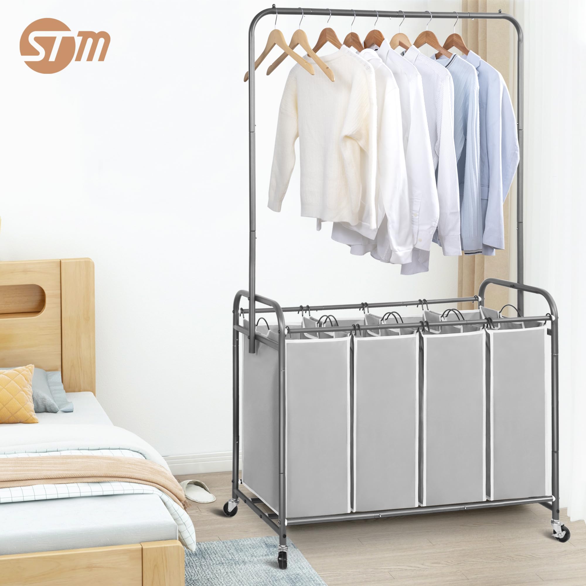 STORAGE MANIAC Carrello portabiancheria con barra sospesa, portatile, rimovibile, con ruote bloccabili resistenti e borse rimovibili, organizer per biancheria da 181 l, 4 sezioni
