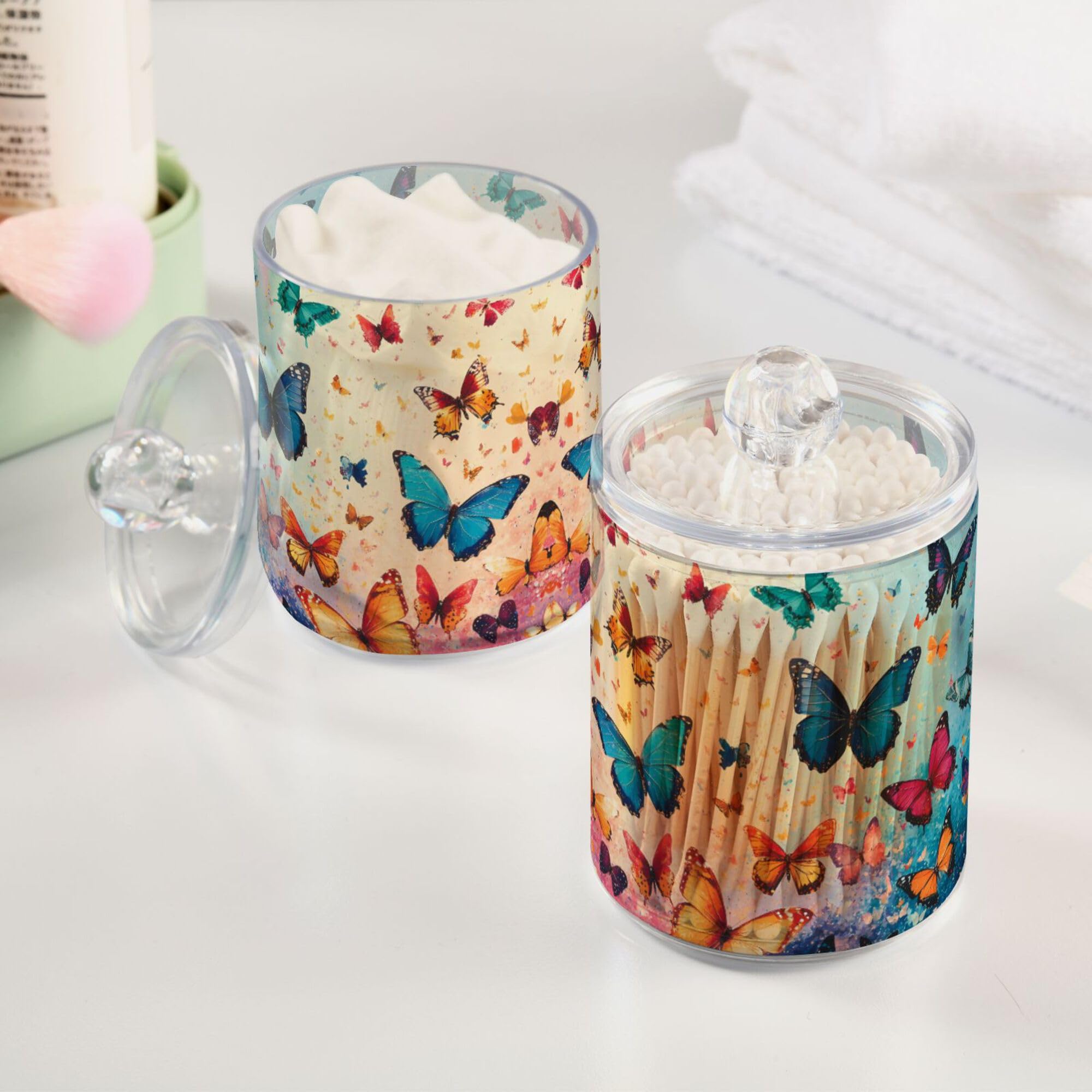 MNSRUU 2 Pack Qtip Holder Organizer Dispenser Beautiful Butterflies Bathroom Storage Canister Cotton Ball Holder Bathroom Containers for Cotton Swabs/Pads/Floss