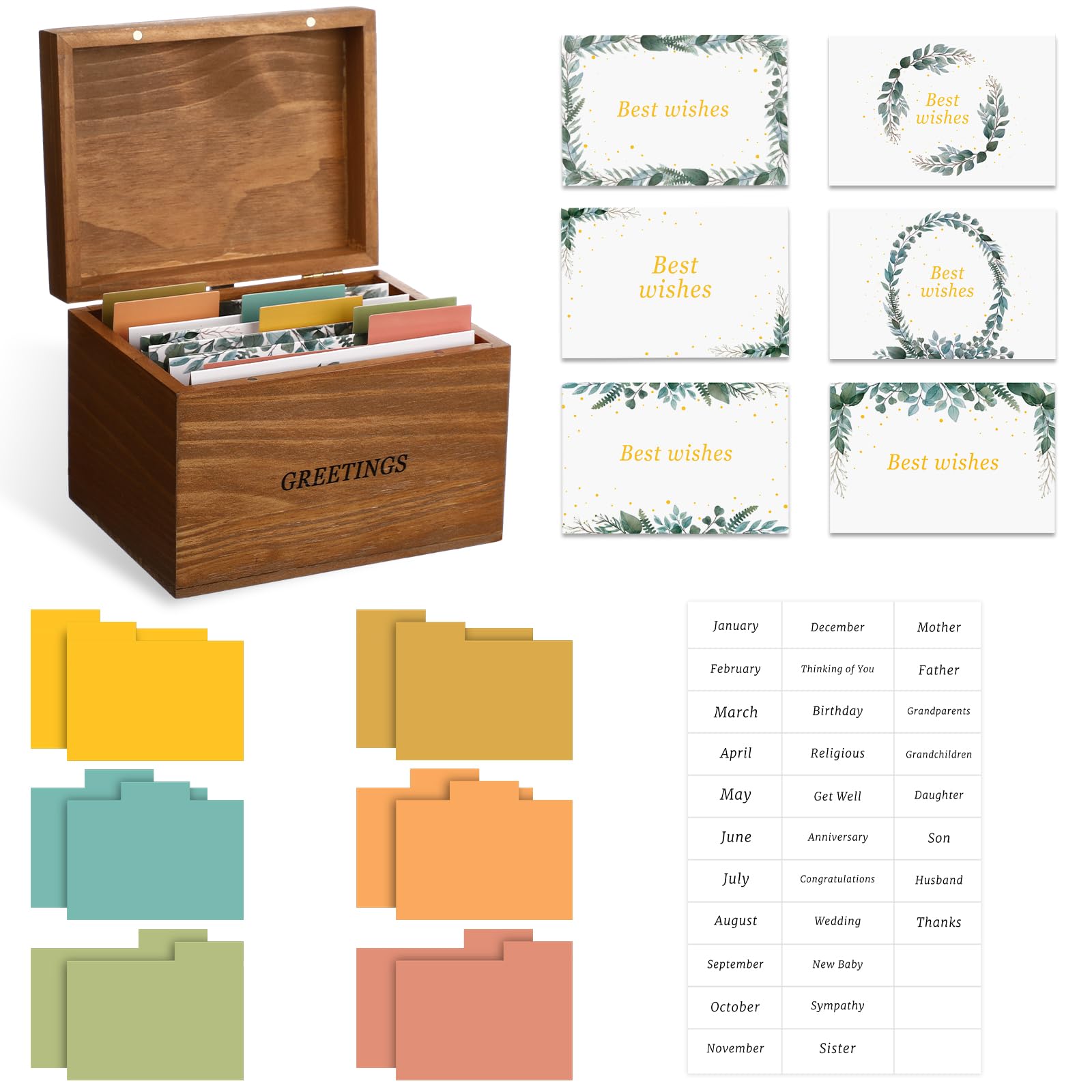 Novabright Grande scatola organizer in legno per biglietti di auguri, 17 x 13 cm, con 12 divisori, 6 biglietti di auguri, ricette, per cartoline, negozi di compleanno, fino a 300 ricette