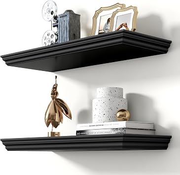 Axeman 24 Inch Floating Shelves for Wall, 9.3" Deep Crown Molding Wood Display Shelf with Heavy Duty Invisible Brackets for Living Room, Bedroom, Bathroom, Kitchen Decor & Storage, Set of 2, Black