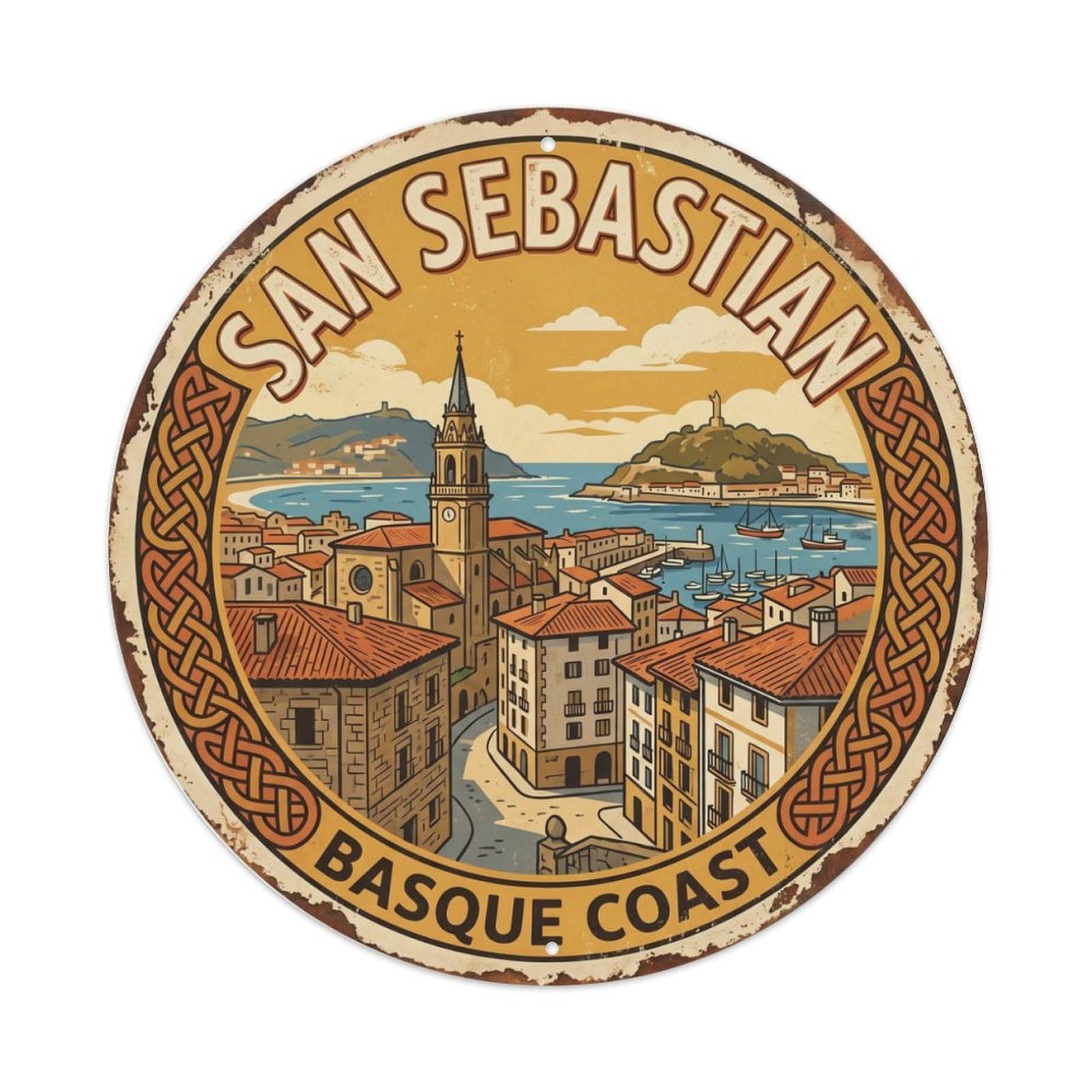 Vintage Travel Sebastian Oldtown Basque Metal Tin Sign Plaque Wall Decor for Cafe, Club Bar, Office, Home Garden Round Metal Poster 8x8Inch