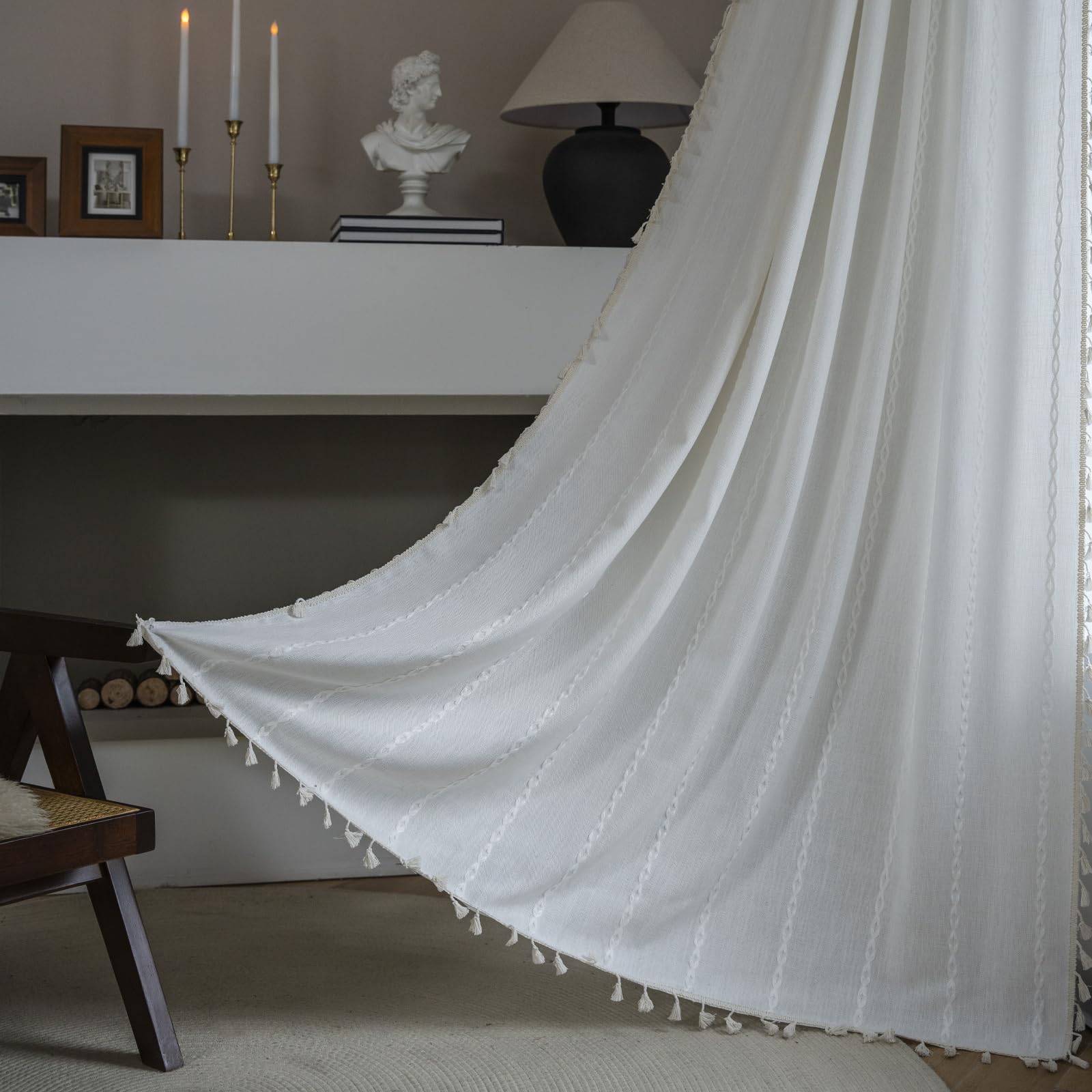 Artiron White Linen Curtains 63 inch Length 2 Panels, Boho Embroidered Living Room Curtains, Farmhouse Bedroom Curtains, Window Curtains Panels for Sliding Glass Door