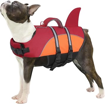 Queenmore Dog Life Jacket Small Dog Life Vest for Swimming Boating in Pool Lake with Shark Fin, Rescue Handle, Leash Hook, Reflective Strip,Light Weight