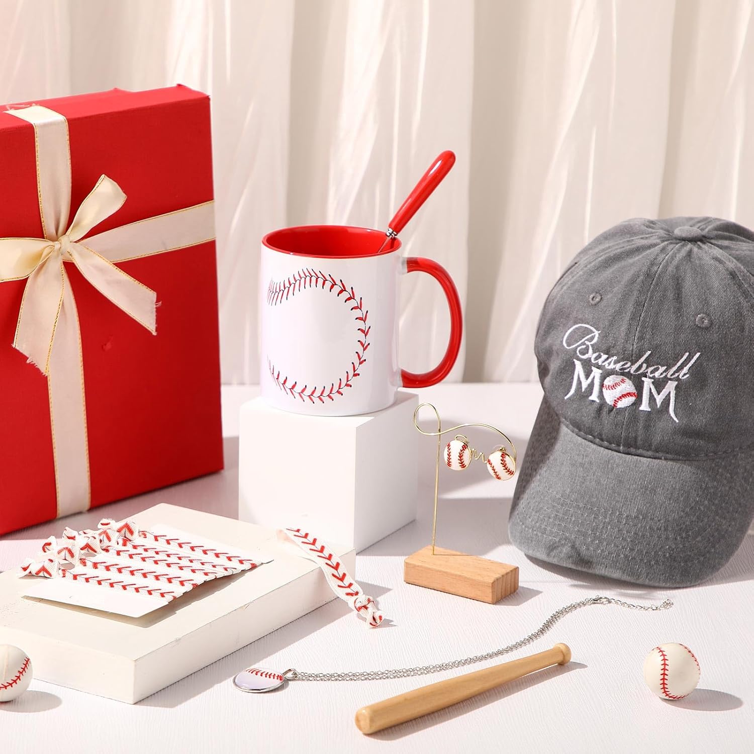 12 Pcs Mother's Day Baseball Mom Gifts Set Include Baseball Mom Hat, Coffee Cup with Spoon, Sport Hair Ties, Ball Necklace, Earrings for Mother Women Mama Birthday Gifts Player Coach Team - Image 2