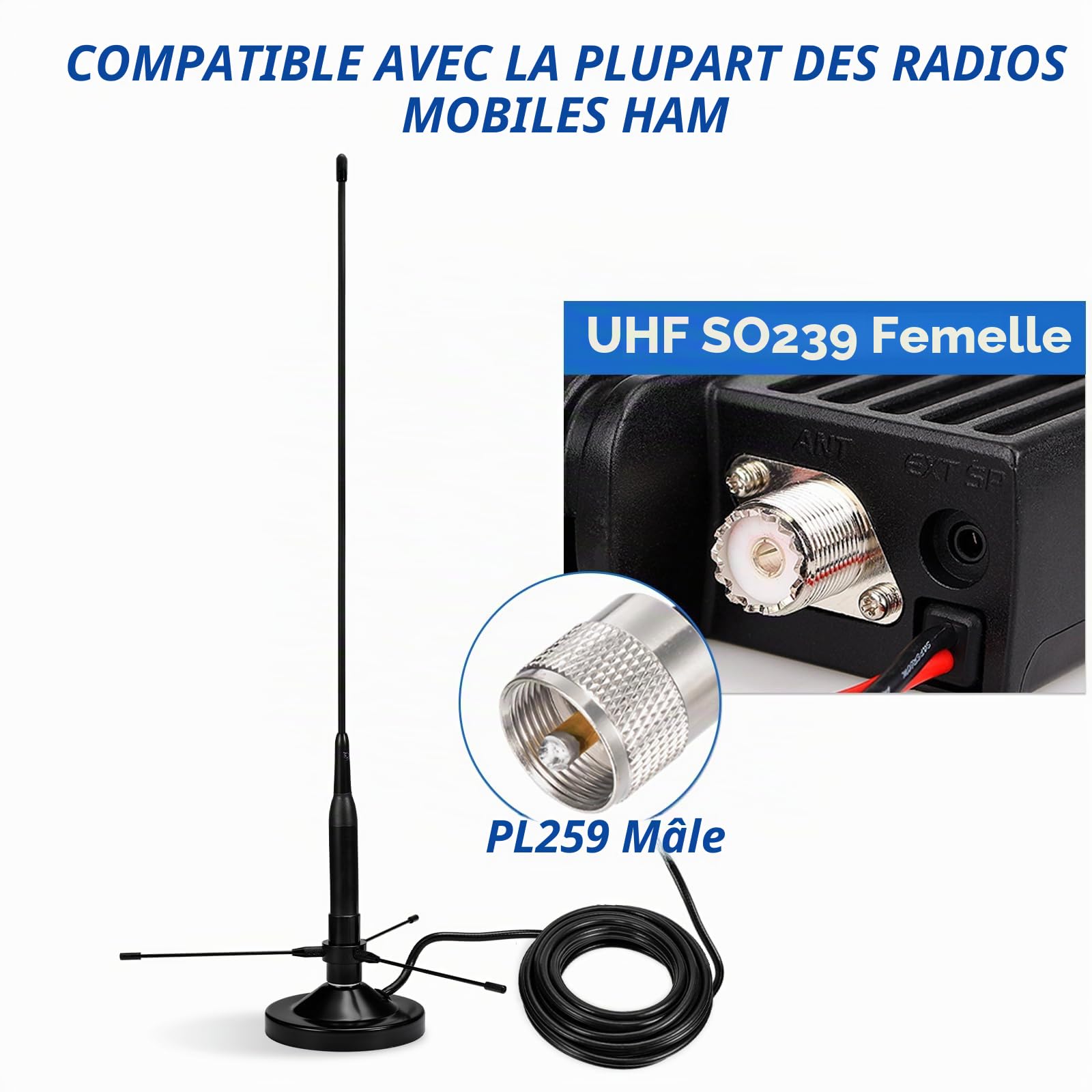 Bingfu Antenne VHF UHF Vehicule Camion Mâle PL259 avec Kit de Plan de Masse