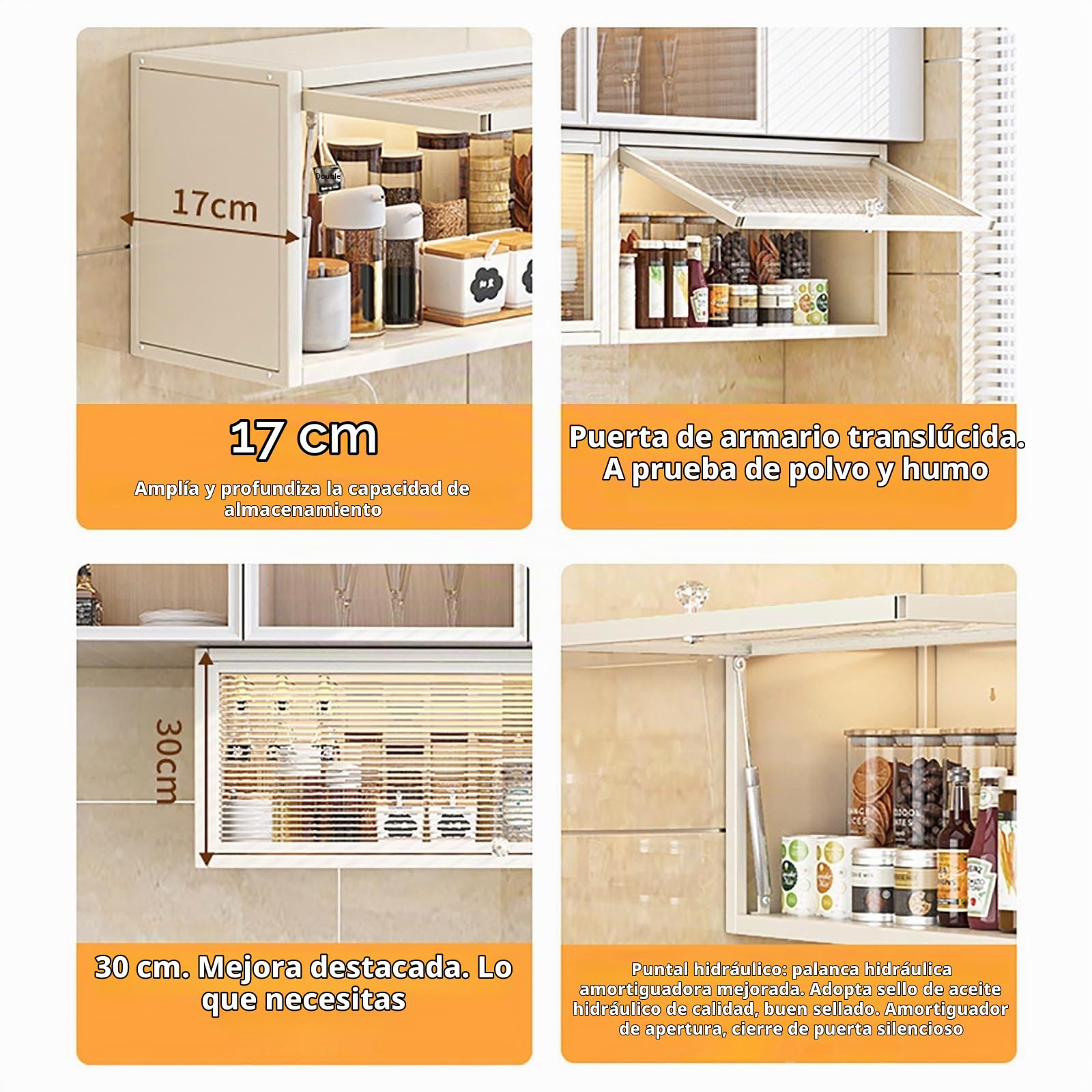 Especiero de cocina, armario de almacenamiento de pared, armario de almacenamiento de utensilios de cocina de gran capacidad, sin perforaciones, con puerta abatible translúcida White,80